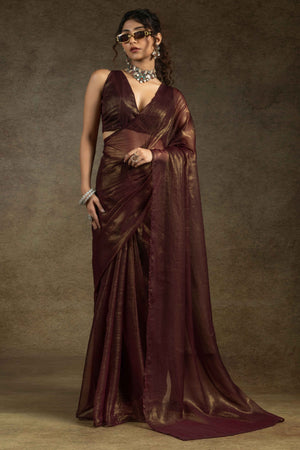Brown Ready-to-Wear Chiffon Saree in Minimal Solid Pattern for a Classy Vibe