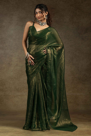 Forest Green Ready-to-Wear Chiffon Saree in Minimal Solid Pattern for a Classy Vibe