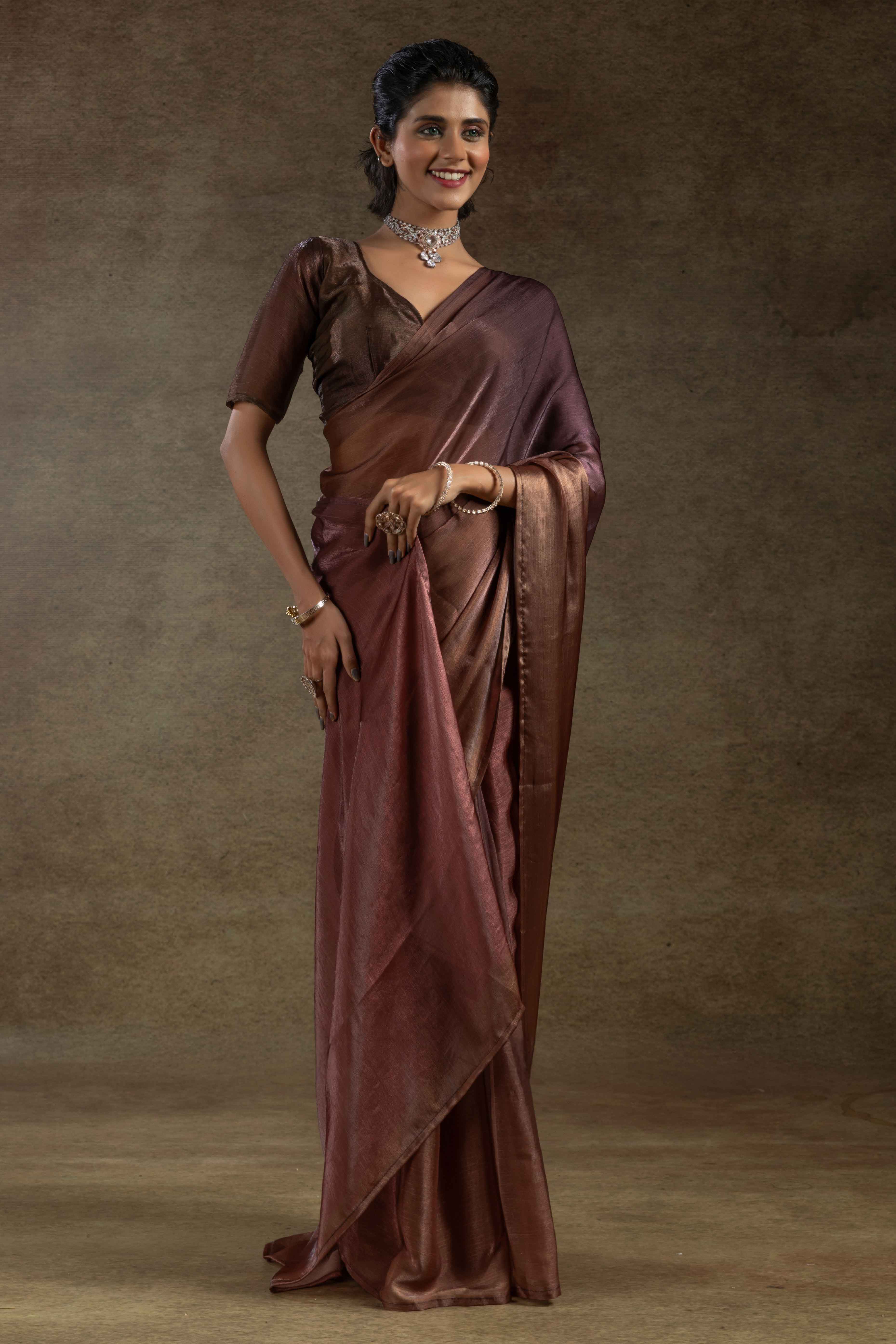 Brown Ready-to-Wear Chiffon Saree in Minimal Solid Pattern for a Classy Vibe