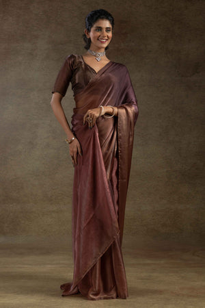 Brown Ready-to-Wear Chiffon Saree in Minimal Solid Pattern for a Classy Vibe