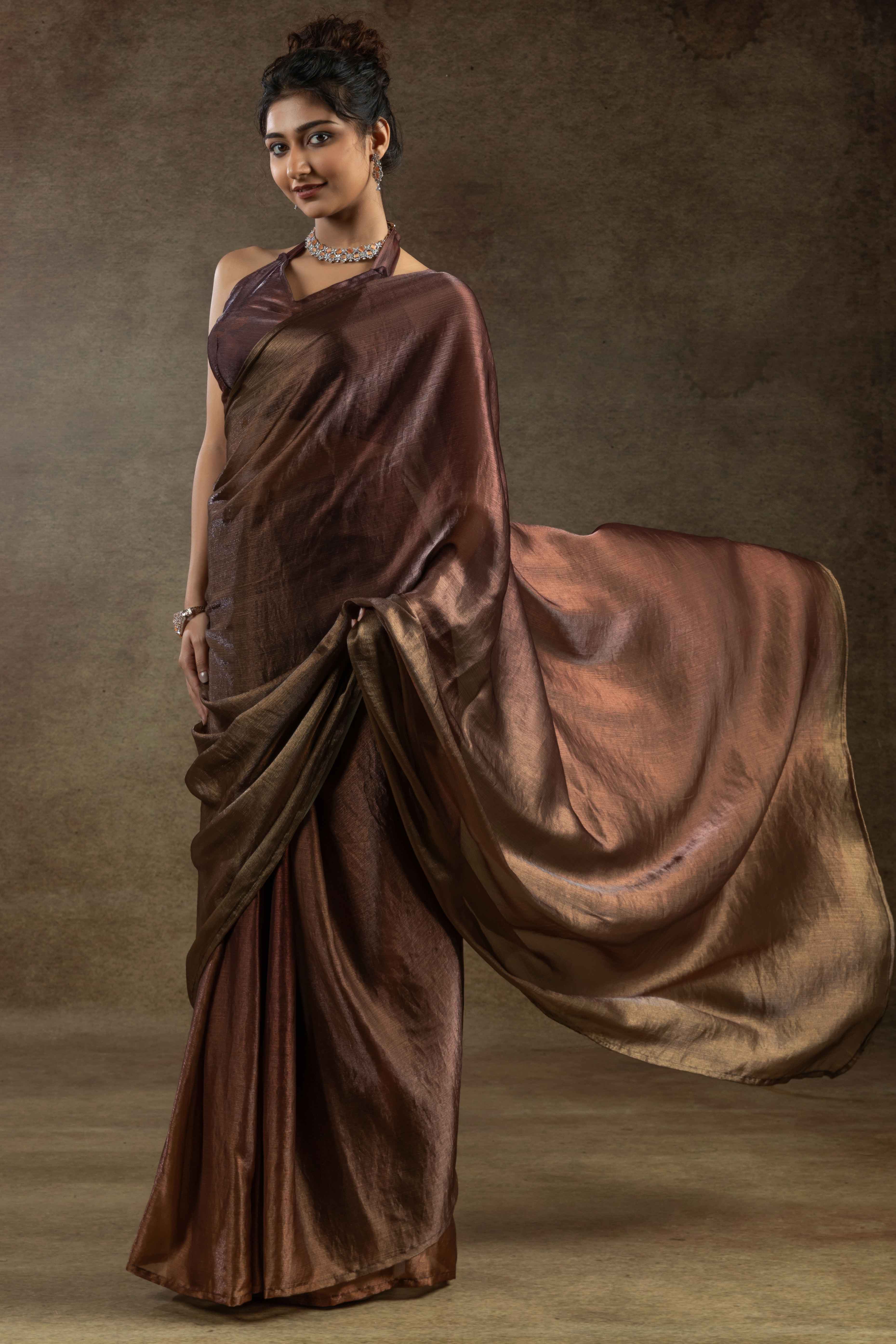Coffee Brown Ready-to-Wear Chiffon Saree in Minimal Solid Pattern for a Classy Vibe