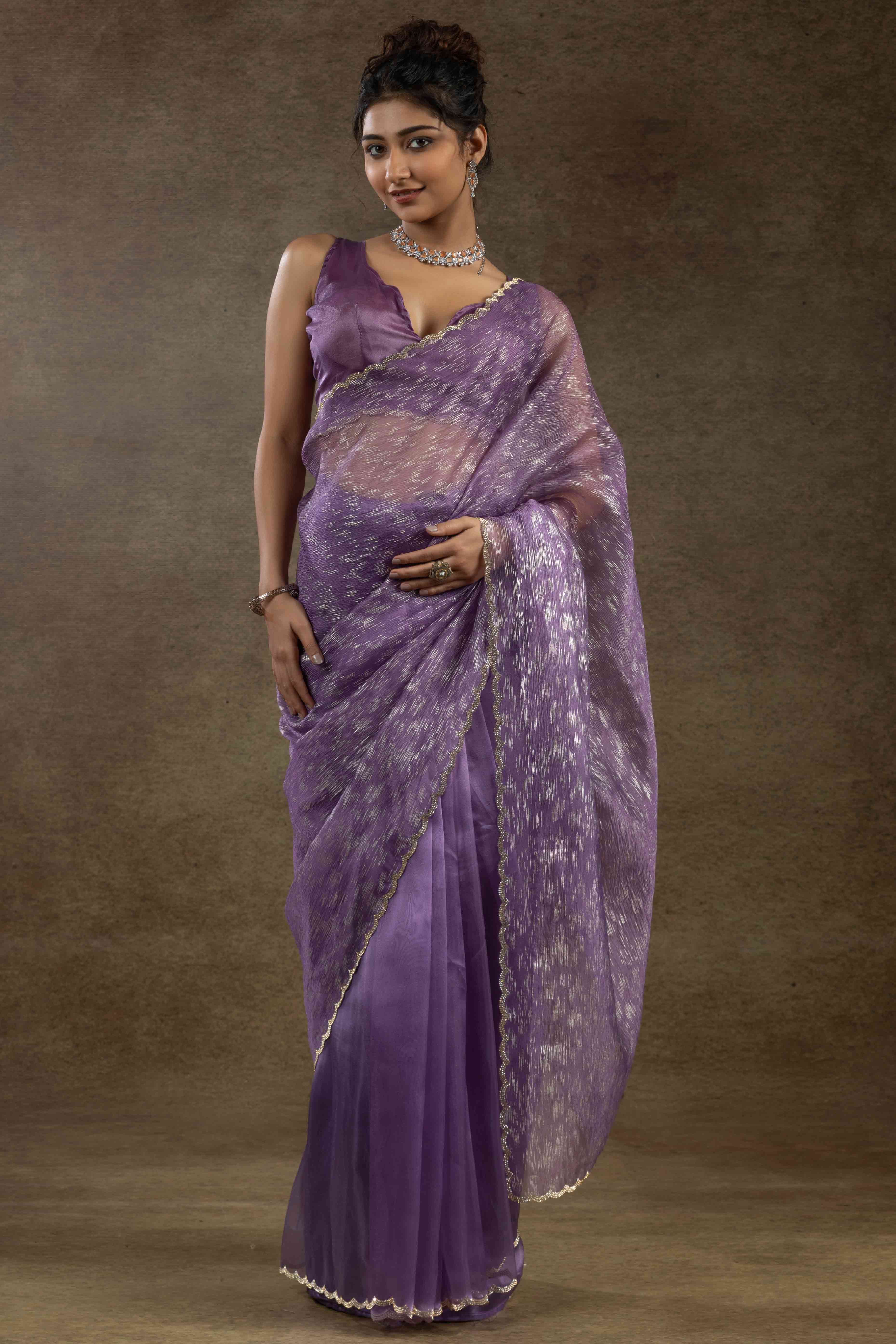 Lavender Crush Foil Print With Delicate Zarkan Border Organza Ready To Wear Saree