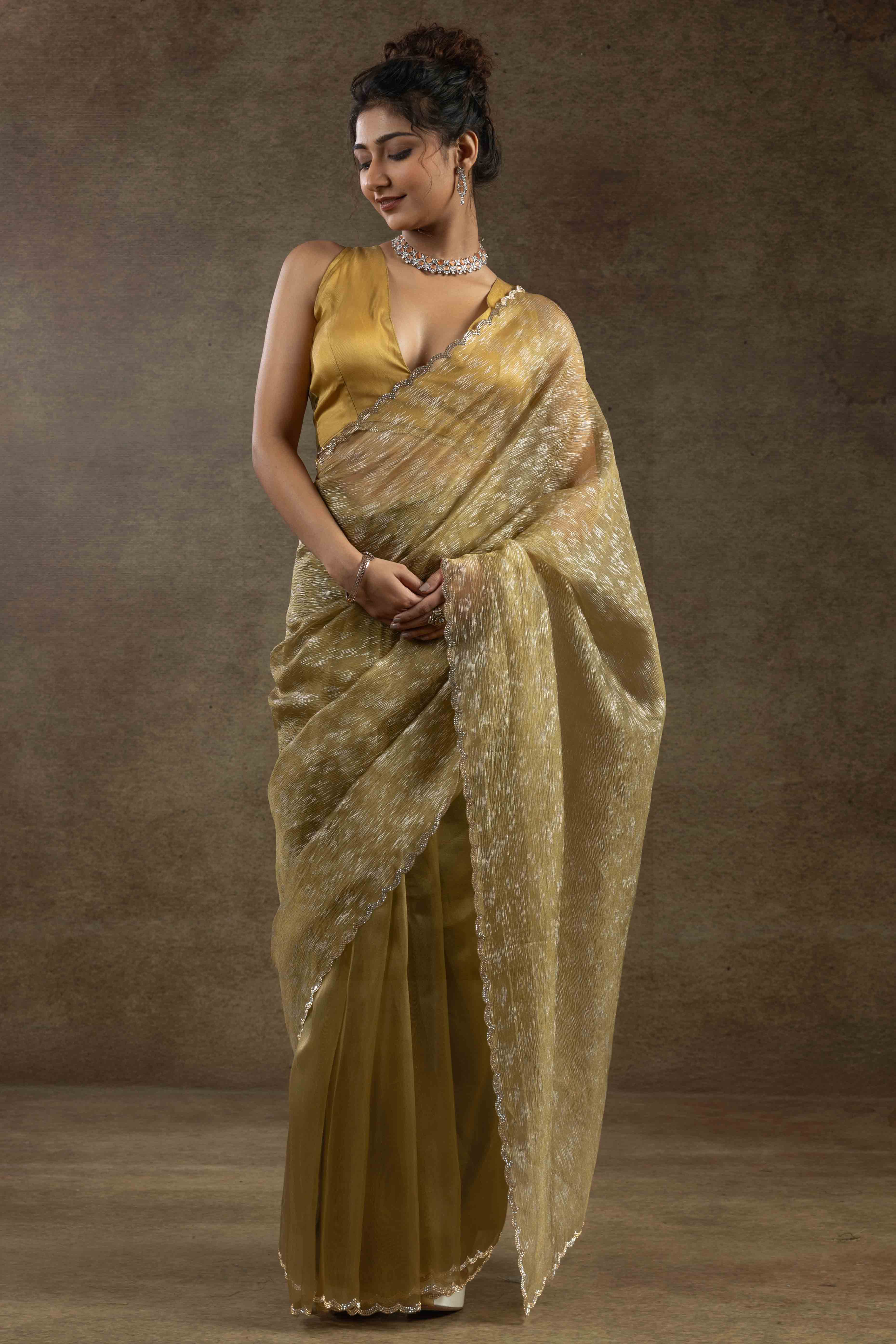 Golden Yellow Crush Foil Print With Delicate Zarkan Border Organza Ready To Wear Saree