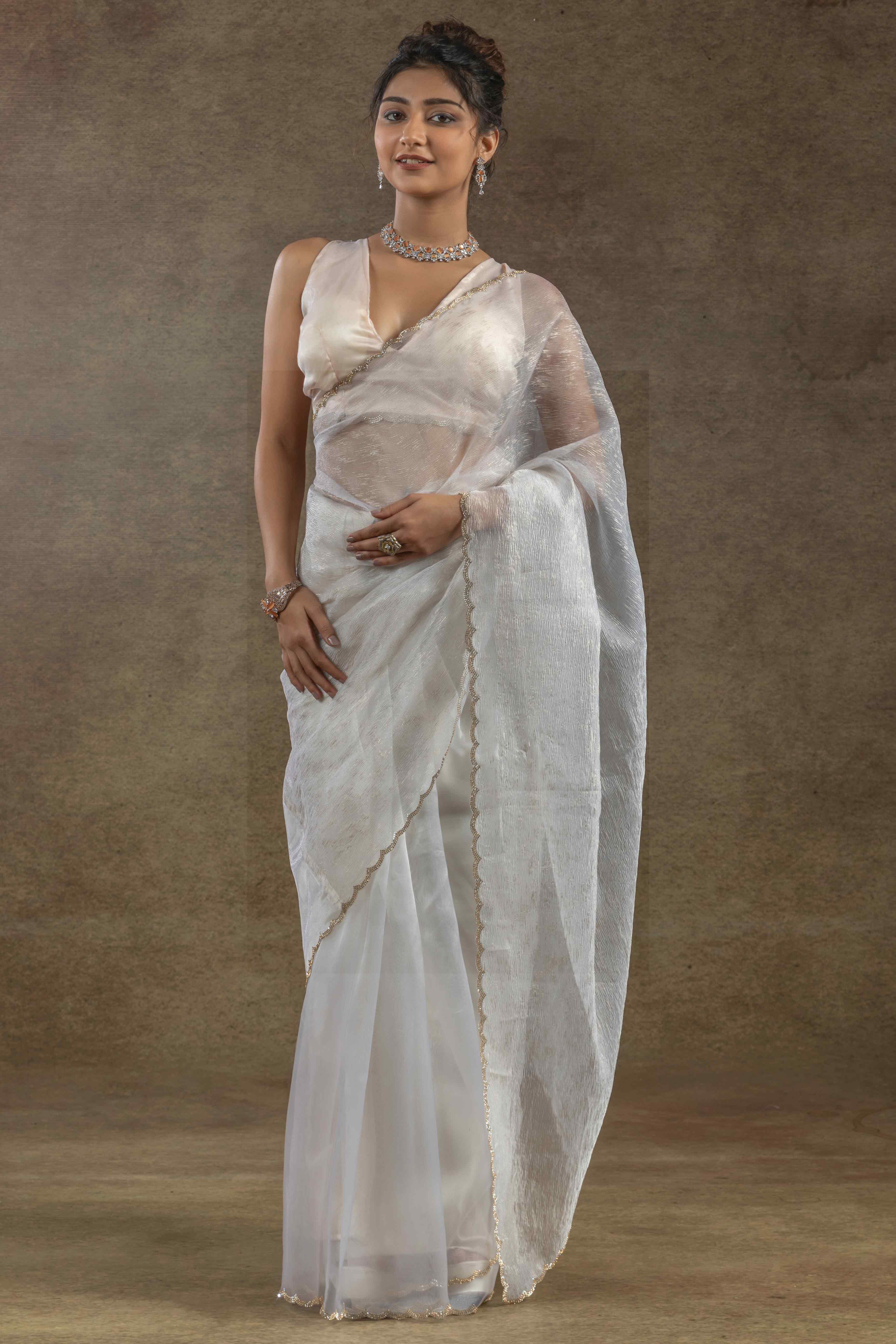 White Crush Foil Print With Delicate Zarkan Border Organza Ready To Wear Saree
