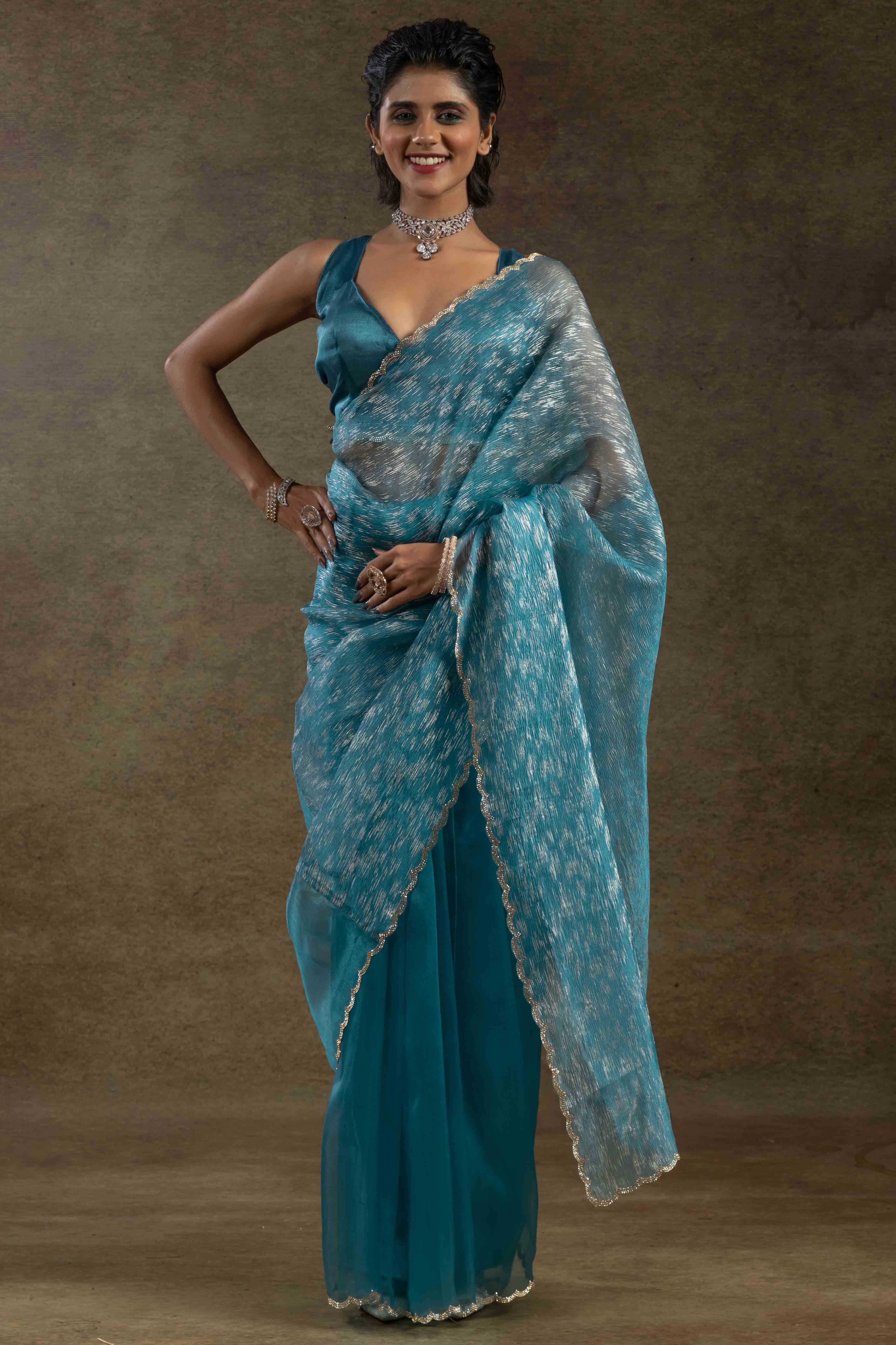 Blue Crush Foil Print With Delicate Zarkan Border Organza Ready To Wear Saree