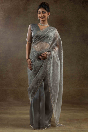 Grey Crush Foil Print With Delicate Zarkan Border Organza Ready To Wear Saree