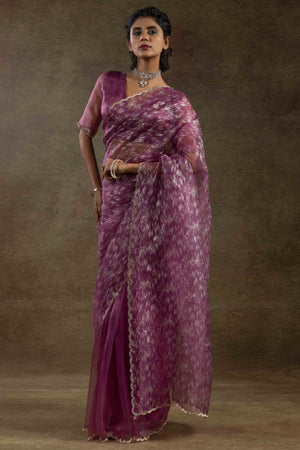 Purple Crush Foil Print With Delicate Zarkan Border Organza Ready To Wear Saree