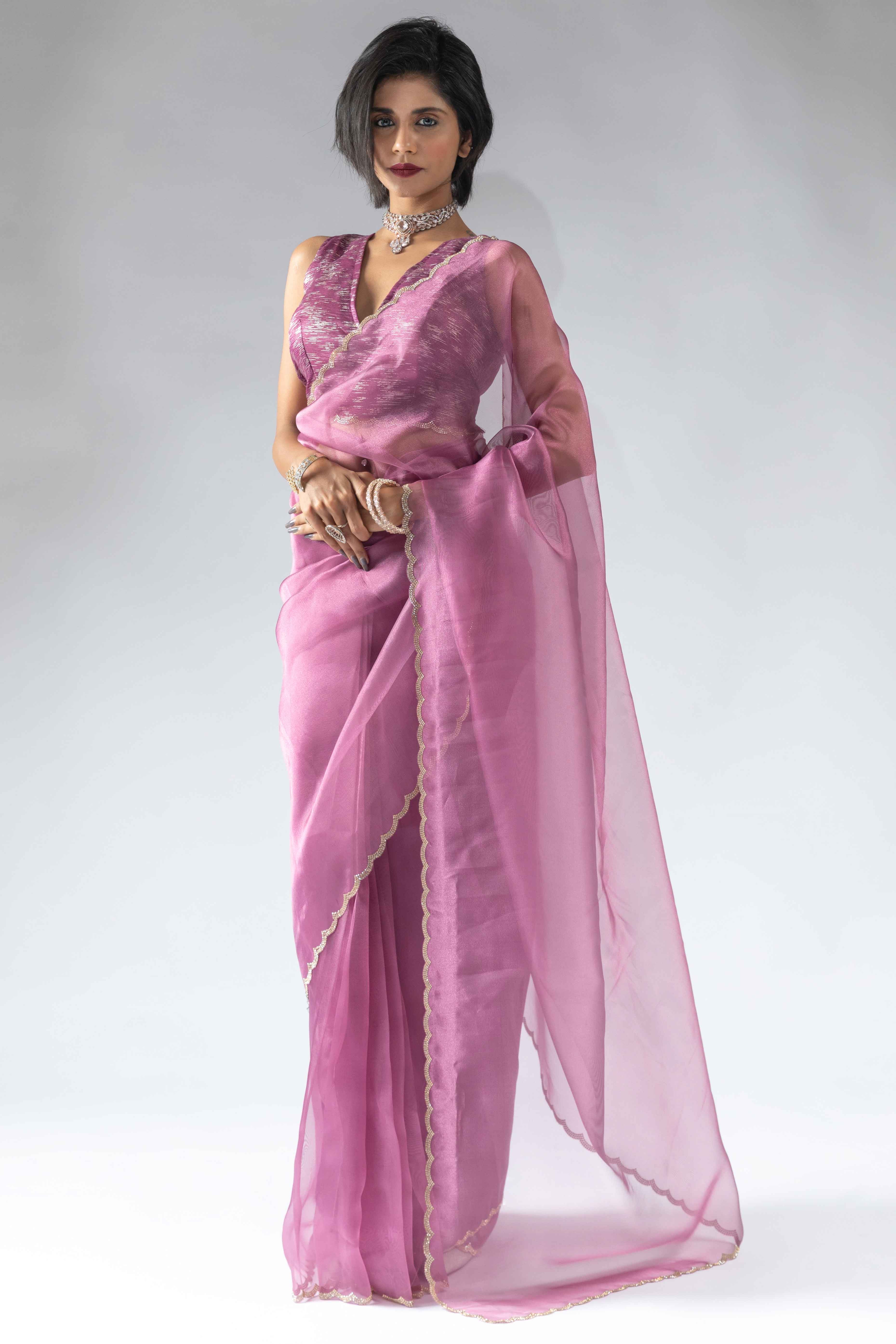 Helio Violet Solid With Intricate Zarkan Border Organza Ready To Wear Saree