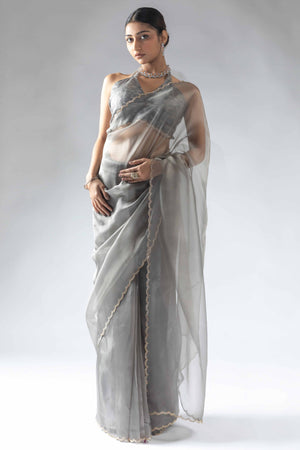 Smoke Grey Solid With Intricate Zarkan Border Organza Ready To Wear Saree