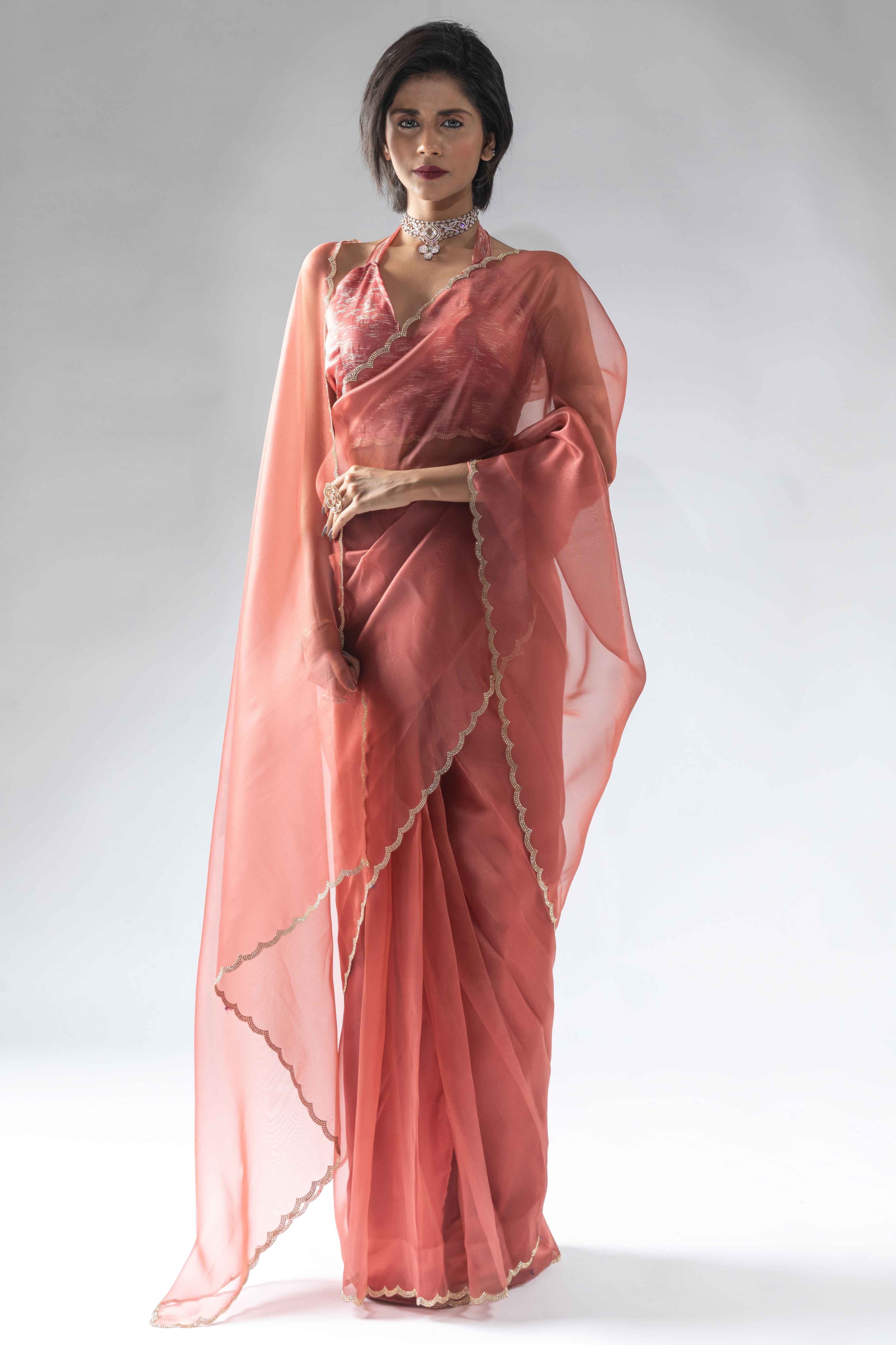 Peach Solid With Intricate Zarkan Border Organza Ready To Wear Saree