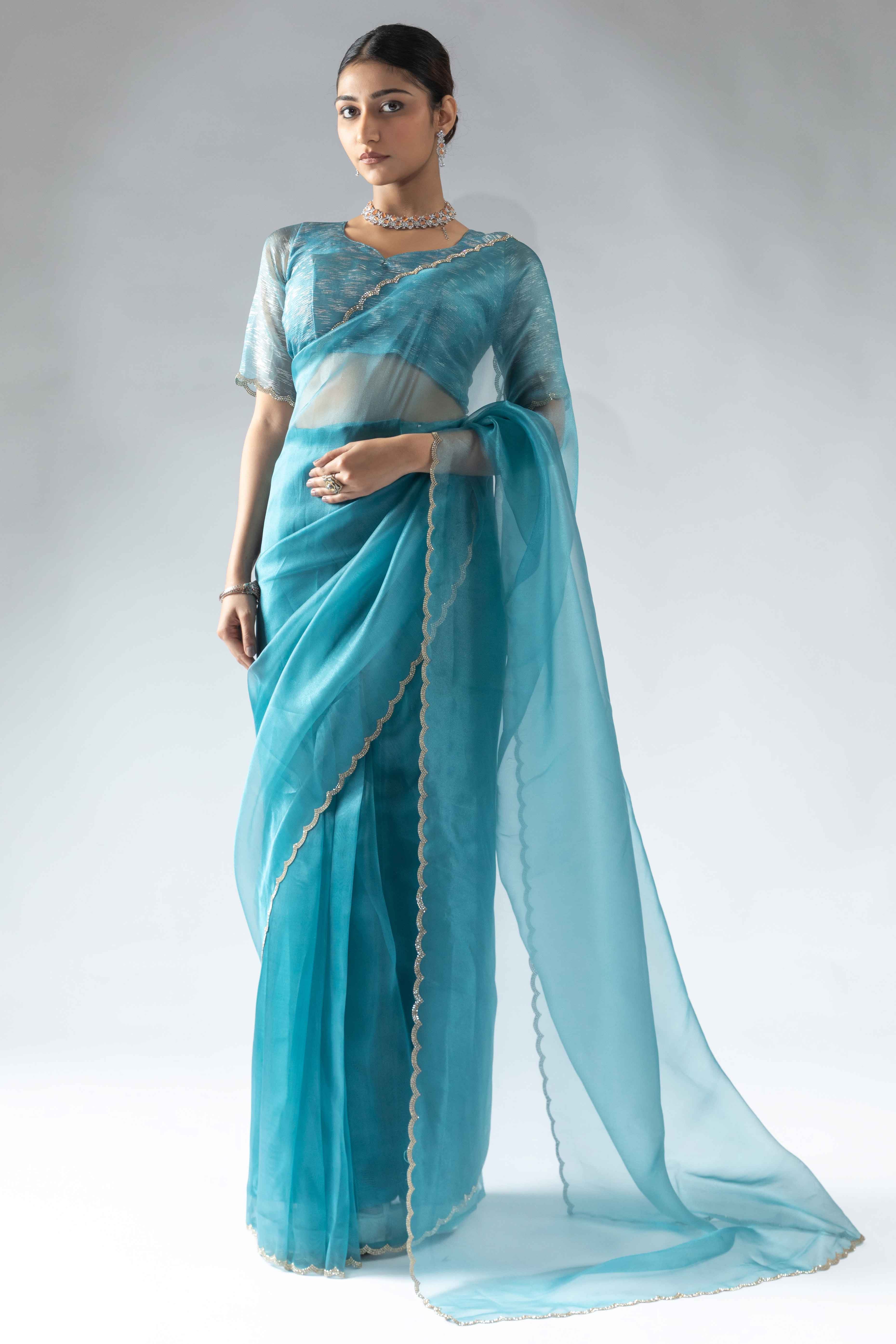 Blue Solid With Intricate Zarkan Border Organza Ready To Wear Saree