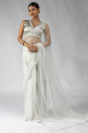 White Intricate Zarkan Detailing Soft Net Ready To Wear Saree