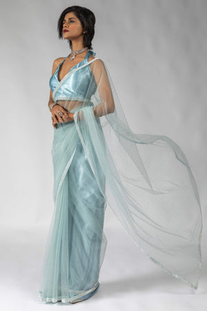 Blue Intricate Zarkan Detailing Soft Net Ready To Wear Saree