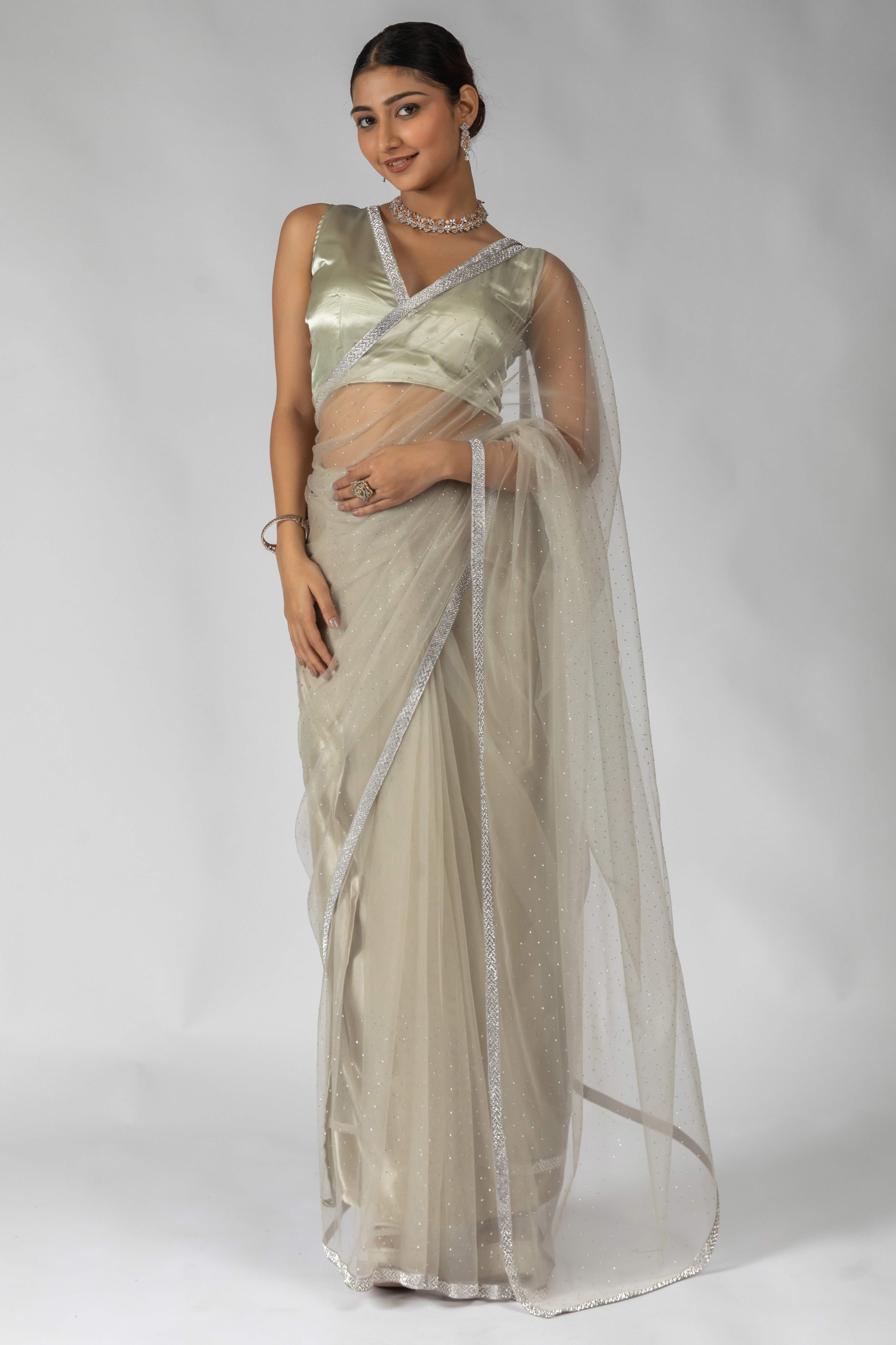 Beige Intricate Zarkan Detailing Soft Net Ready To Wear Saree