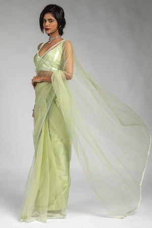 Tea Green Intricate Zarkan Detailing Soft Net Ready To Wear Saree