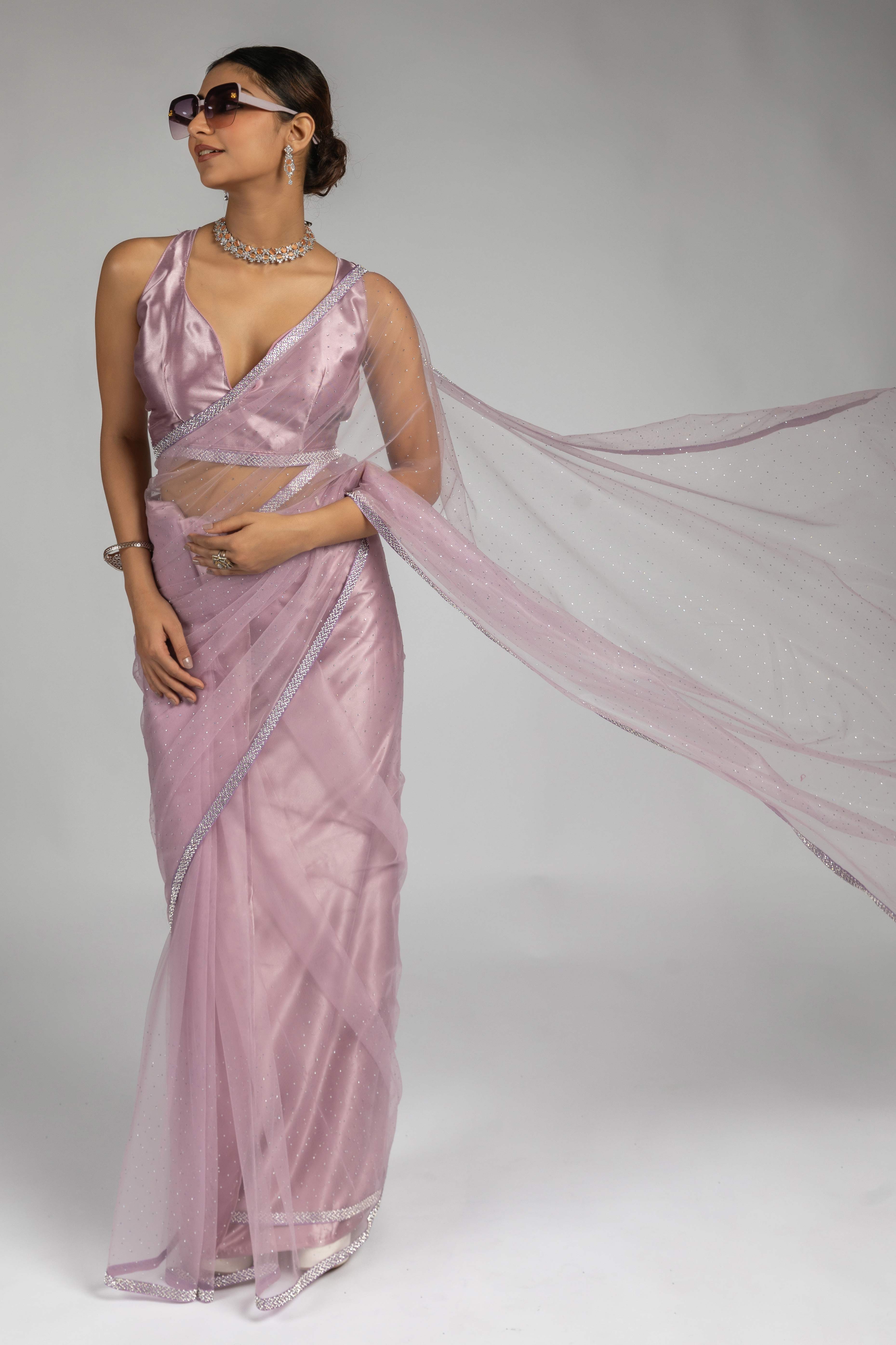 Light Purple Intricate Zarkan Detailing Soft Net Ready To Wear Saree