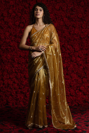 Golden Brown Floral Zari Embroidered Net Organza Saree with Intricate Handwork Lace Border