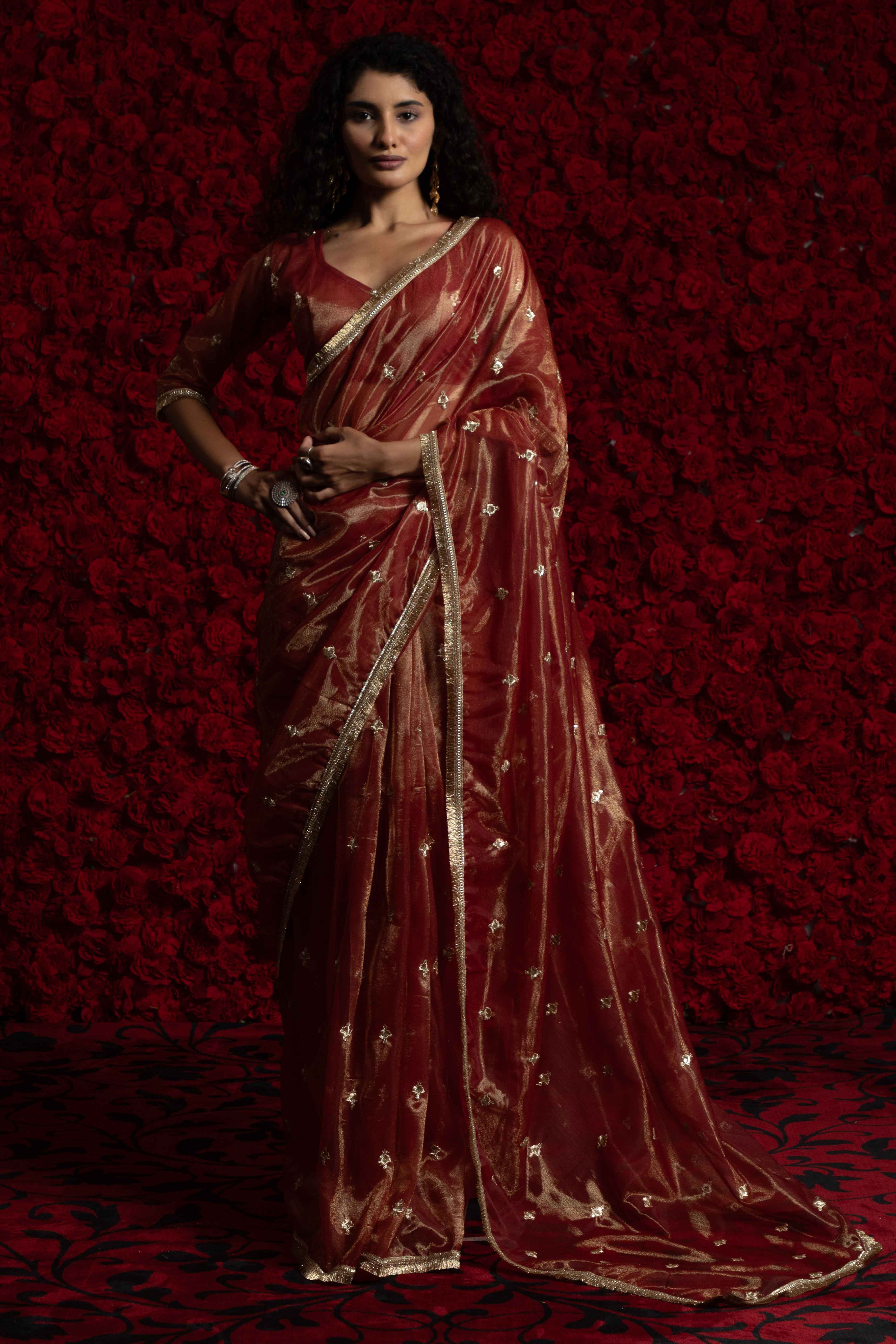 Brick Red Floral Zari Embroidered Net Organza Saree with Intricate Handwork Lace Border