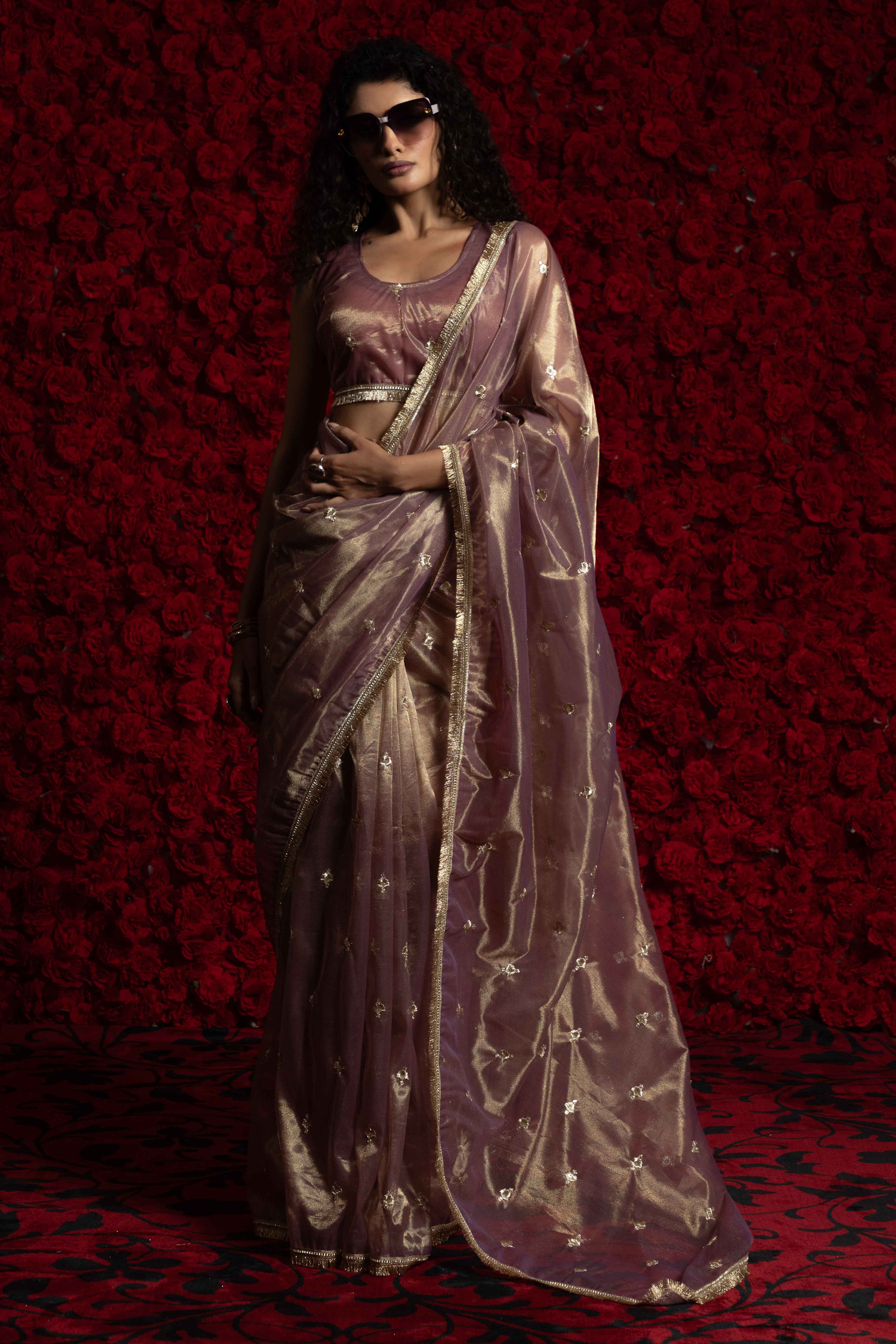 Purple Floral Zari Embroidered Net Organza Saree with Intricate Handwork Lace Border