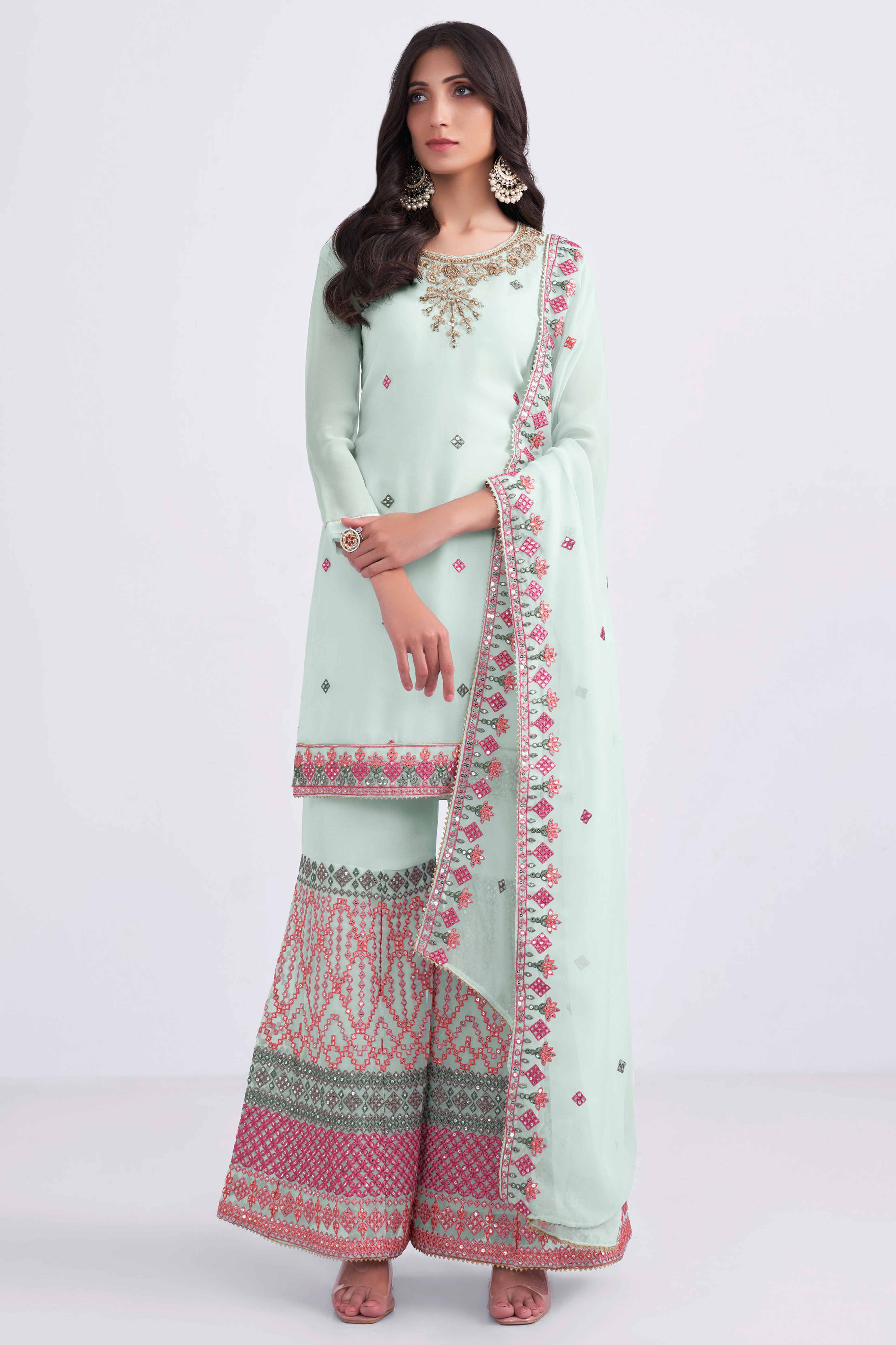 Light Blue Sequins Embroidered With Stonework Georgette Semi Stitched Suit