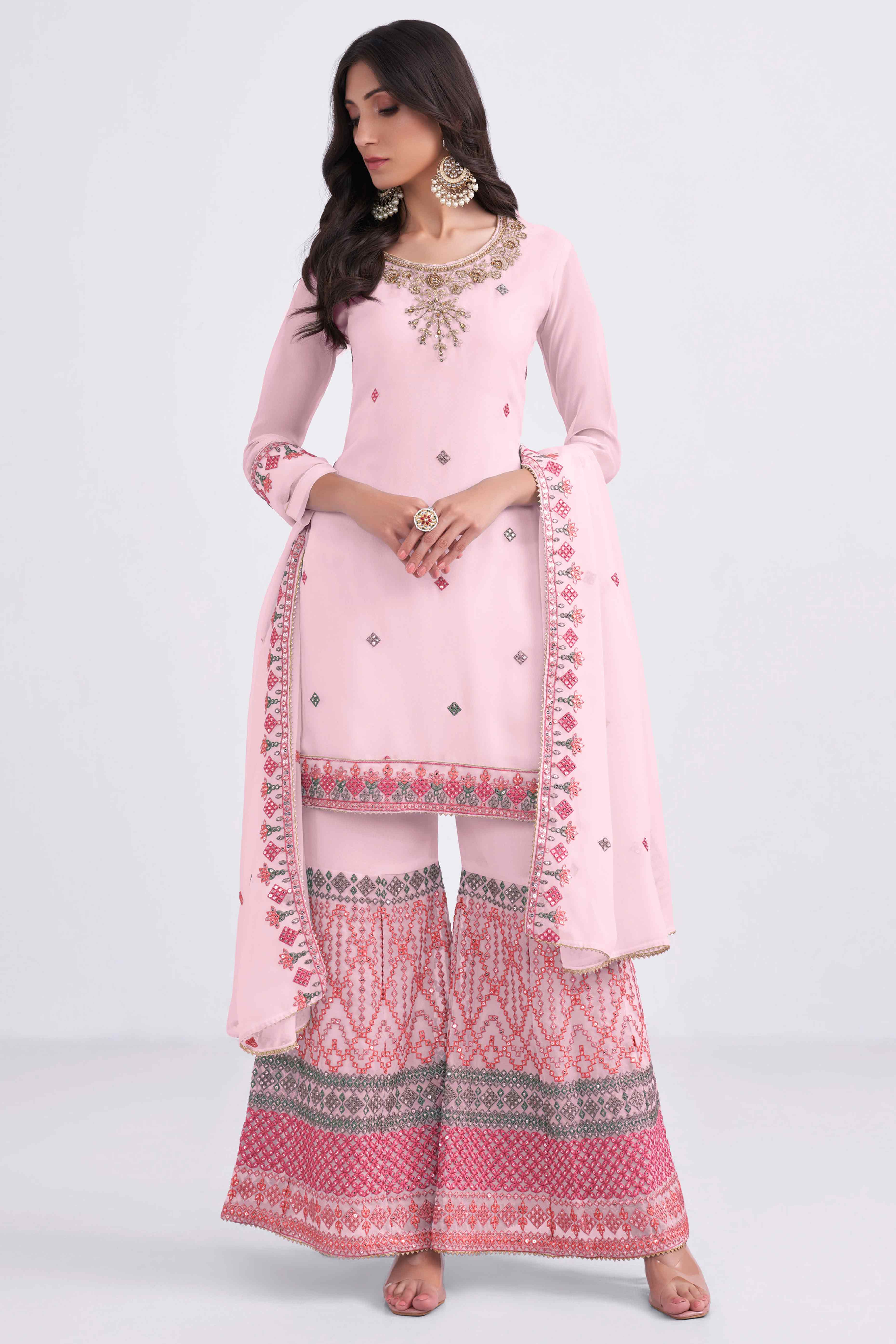 Light Pink Sequins Embroidered With Stonework Georgette Semi Stitched Suit