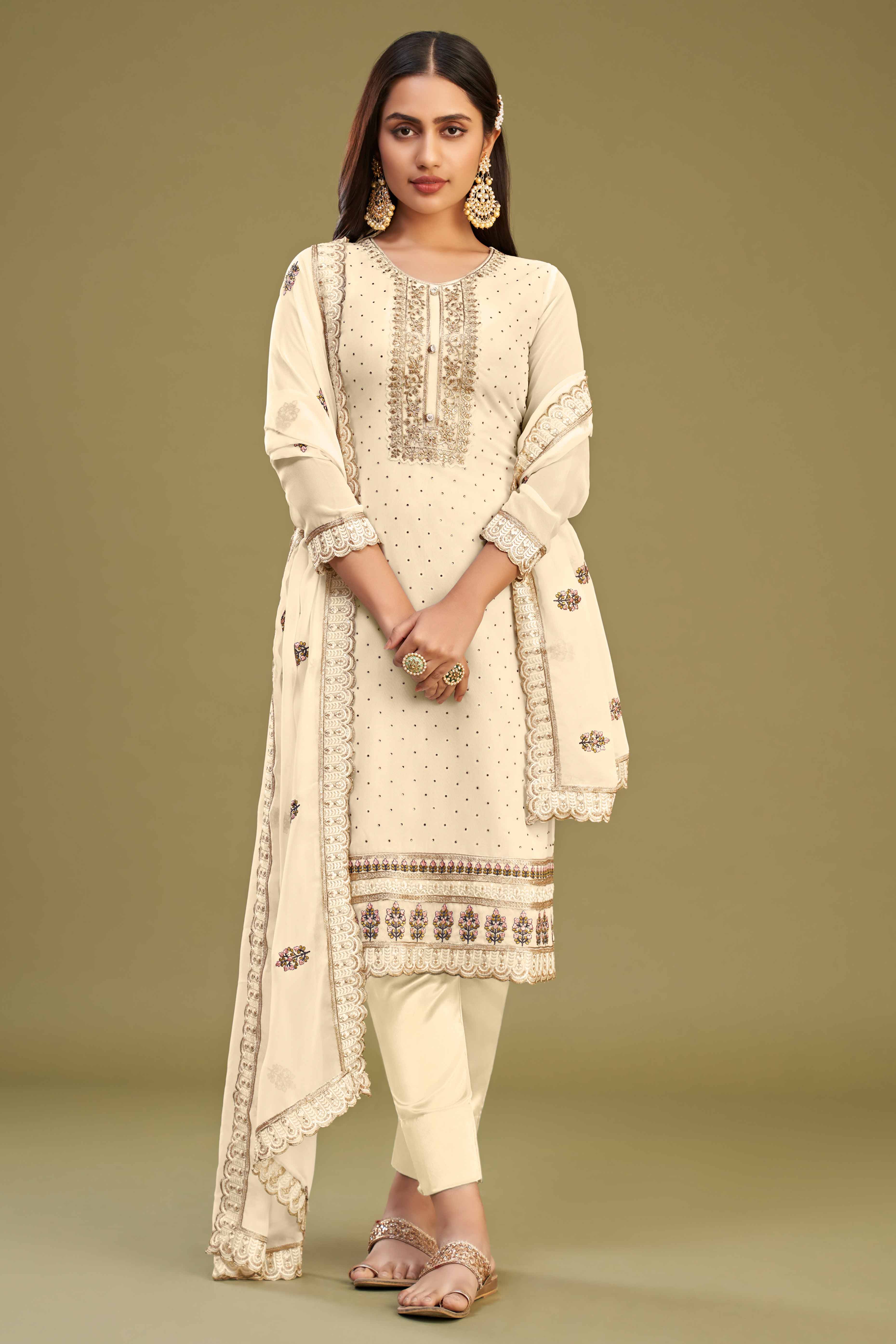 Offwhite Floral Embroidery With Swarovski Work Georgette Semi Stitched Suit