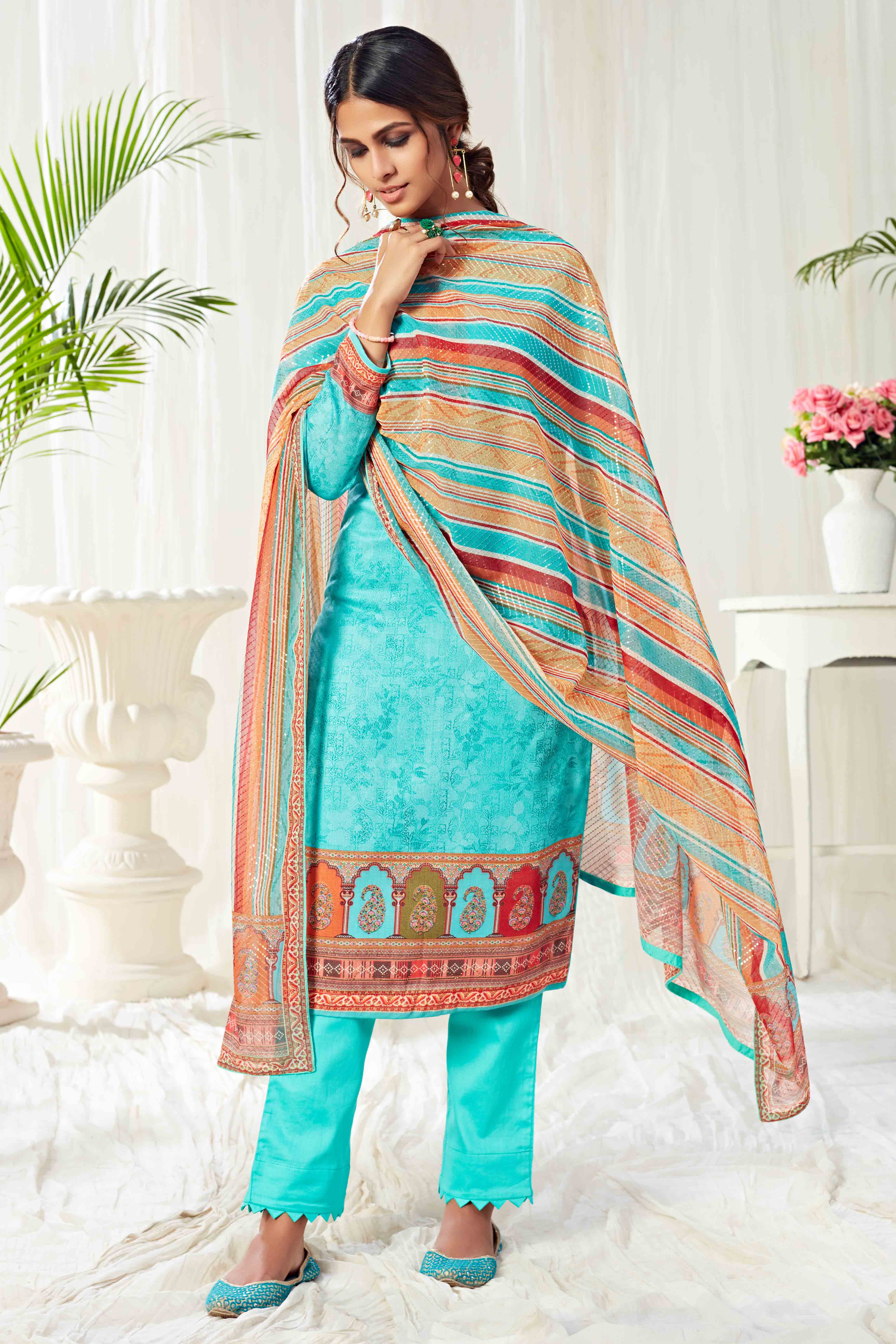 Turquoise Floral Digital Print Pure Cotton Dress Material With Sparkling Swarovski Embellishments