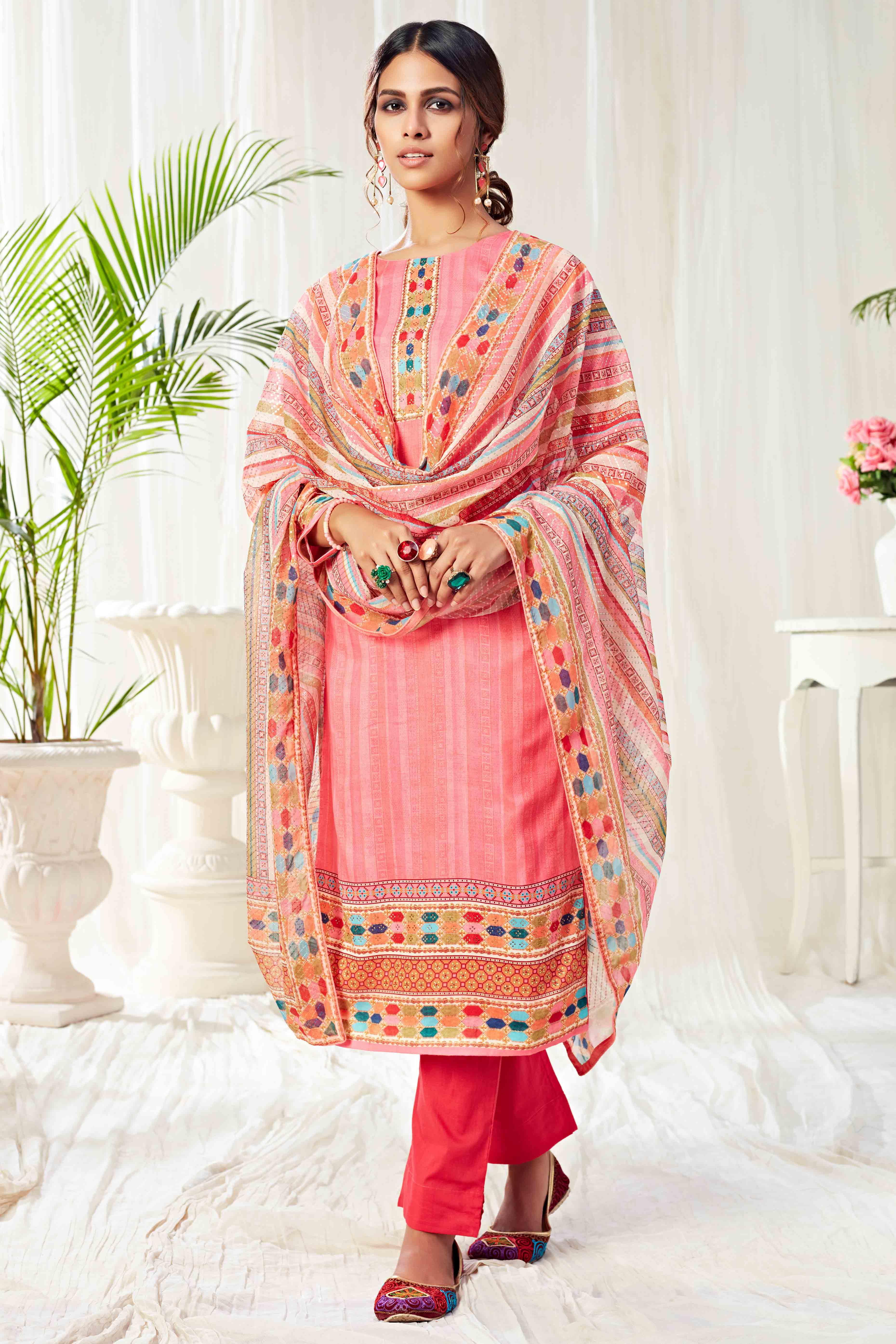 Pink Floral Digital Print Pure Cotton Dress Material With Sparkling Swarovski Embellishments