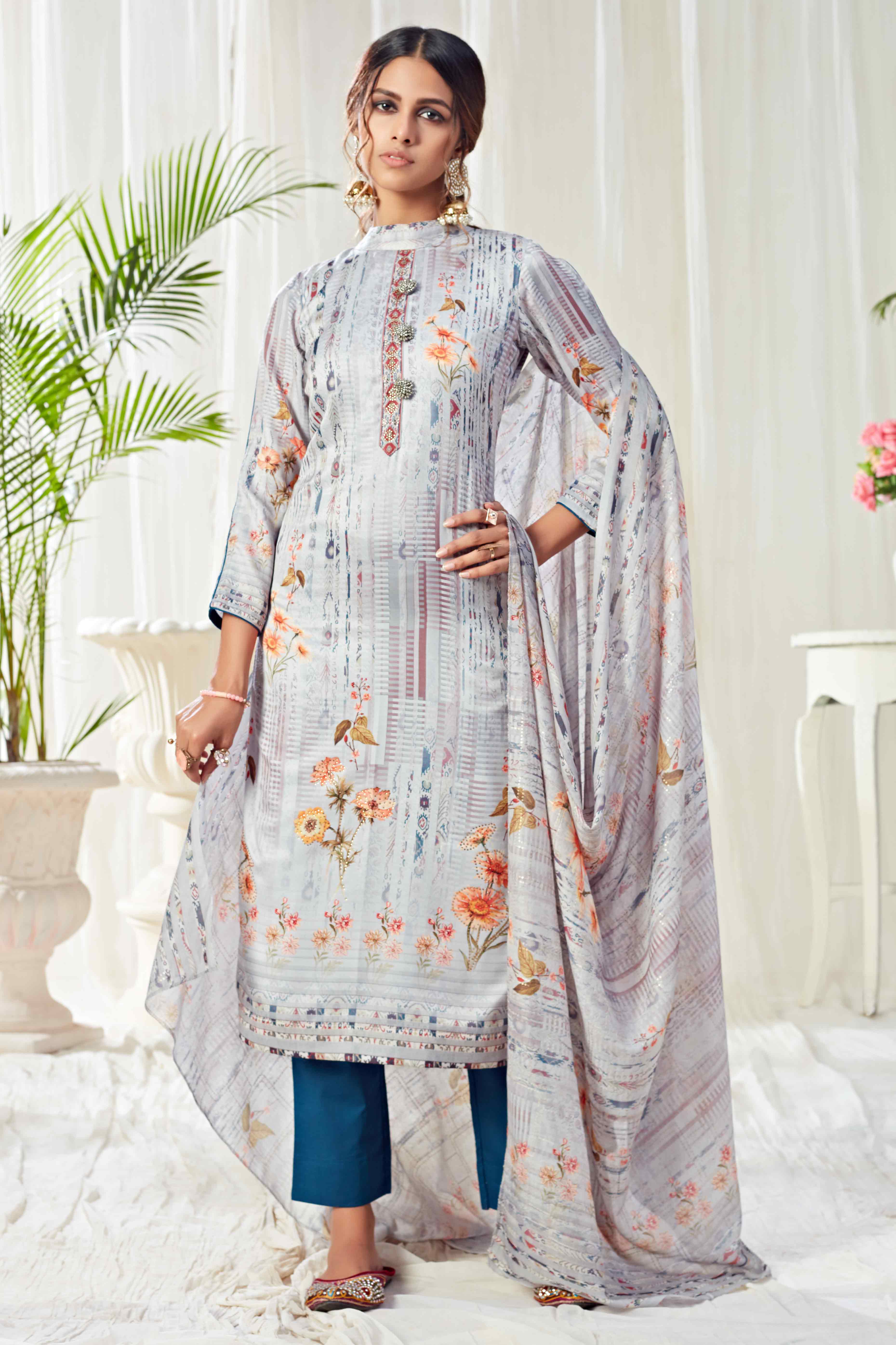 Greyish Blue Floral Digital Print Pure Cotton Dress Material With Sparkling Swarovski Embellishments