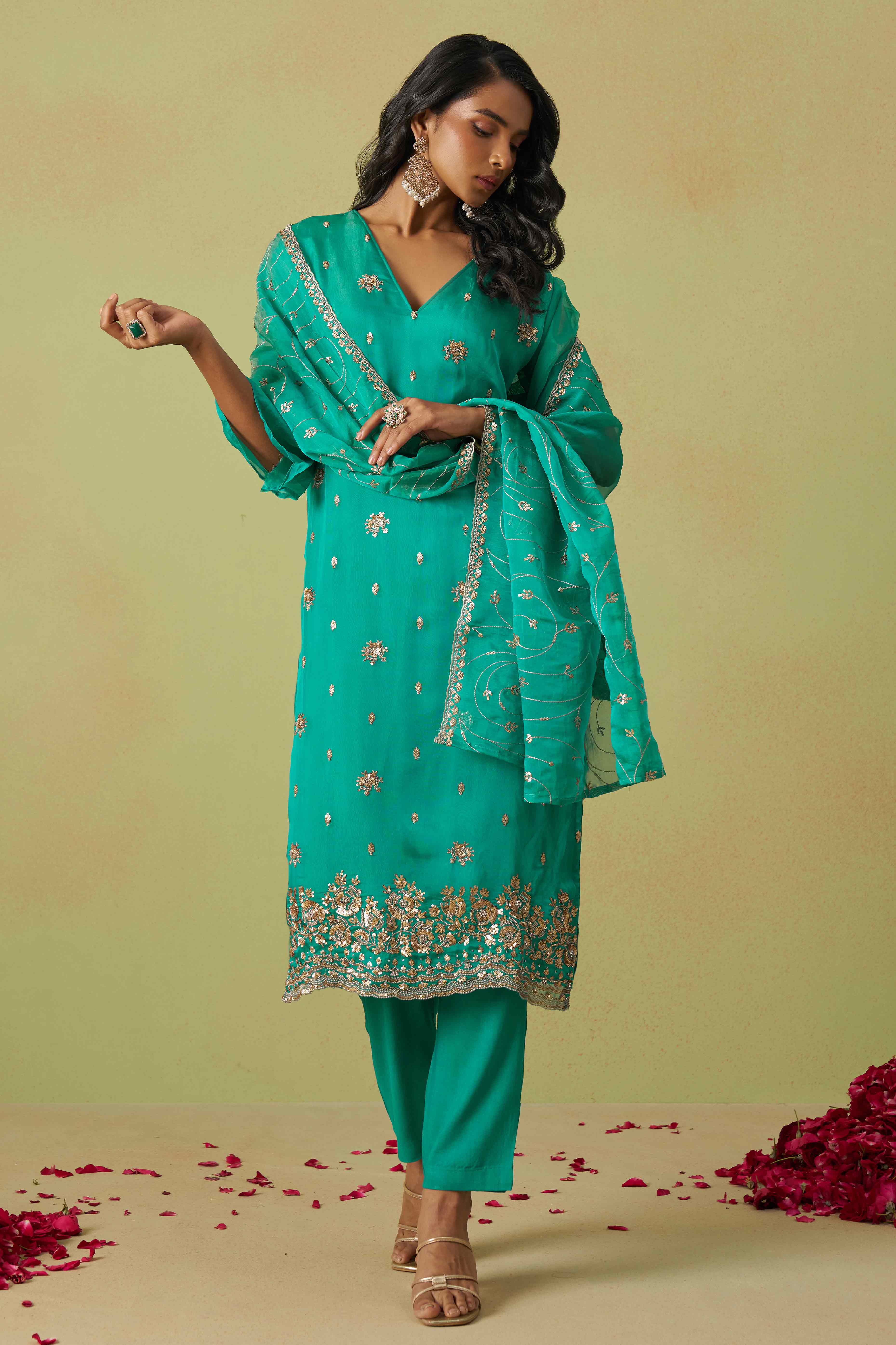 Turquoise Sequins Embroidery With Stonework Organza Shimmer Semi Stitched Suit