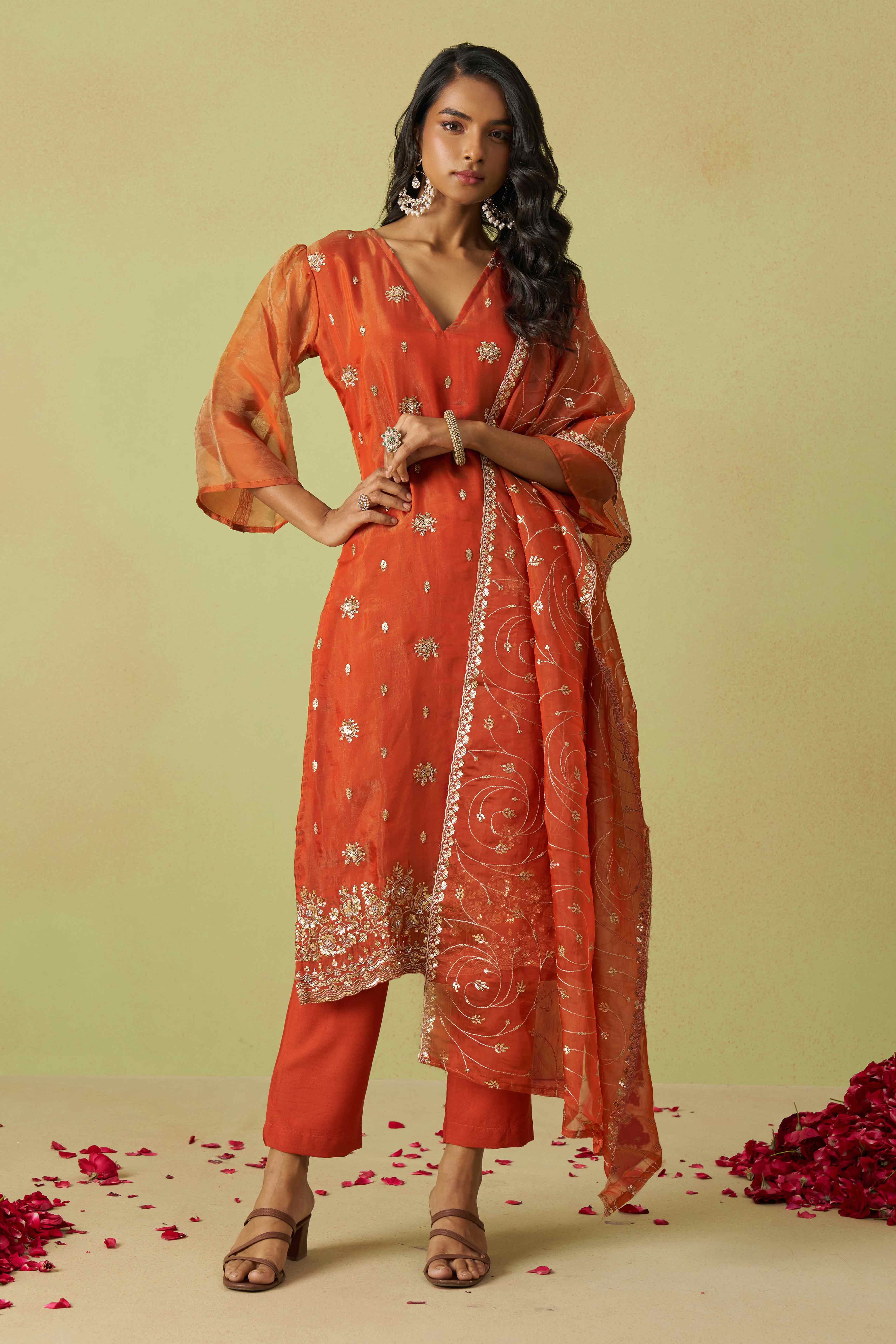 Rust Orange Sequins Embroidery With Stonework Organza Shimmer Semi Stitched Suit