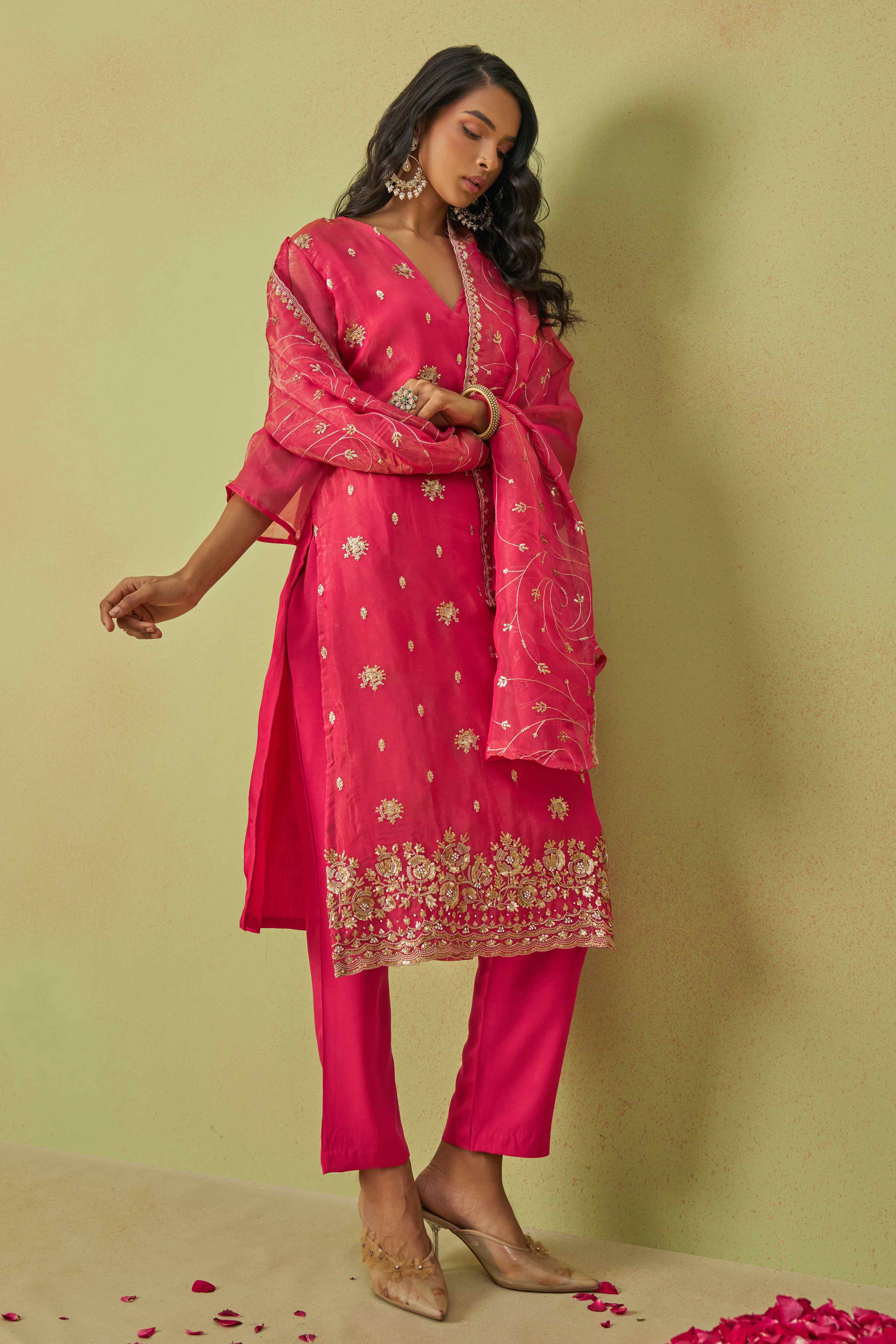 Pink Sequins Embroidery With Stonework Organza Shimmer Semi Stitched Suit