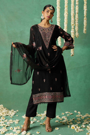 Black Floral Sequins Embroidered Organza Semi Stitched Suit