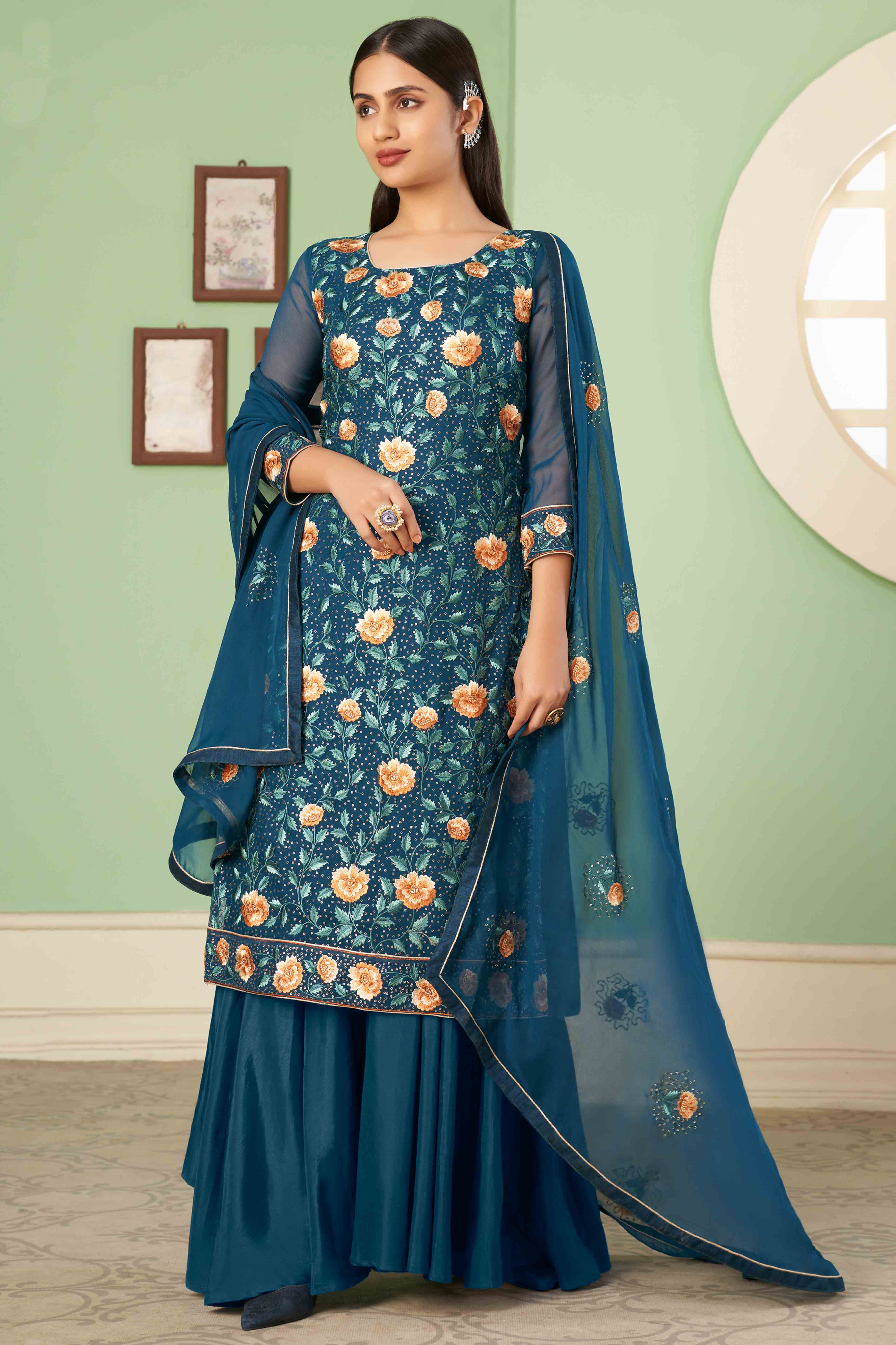 Morpich Blue Floral Sequins Embroidered Georgette Semi Stitched Suit