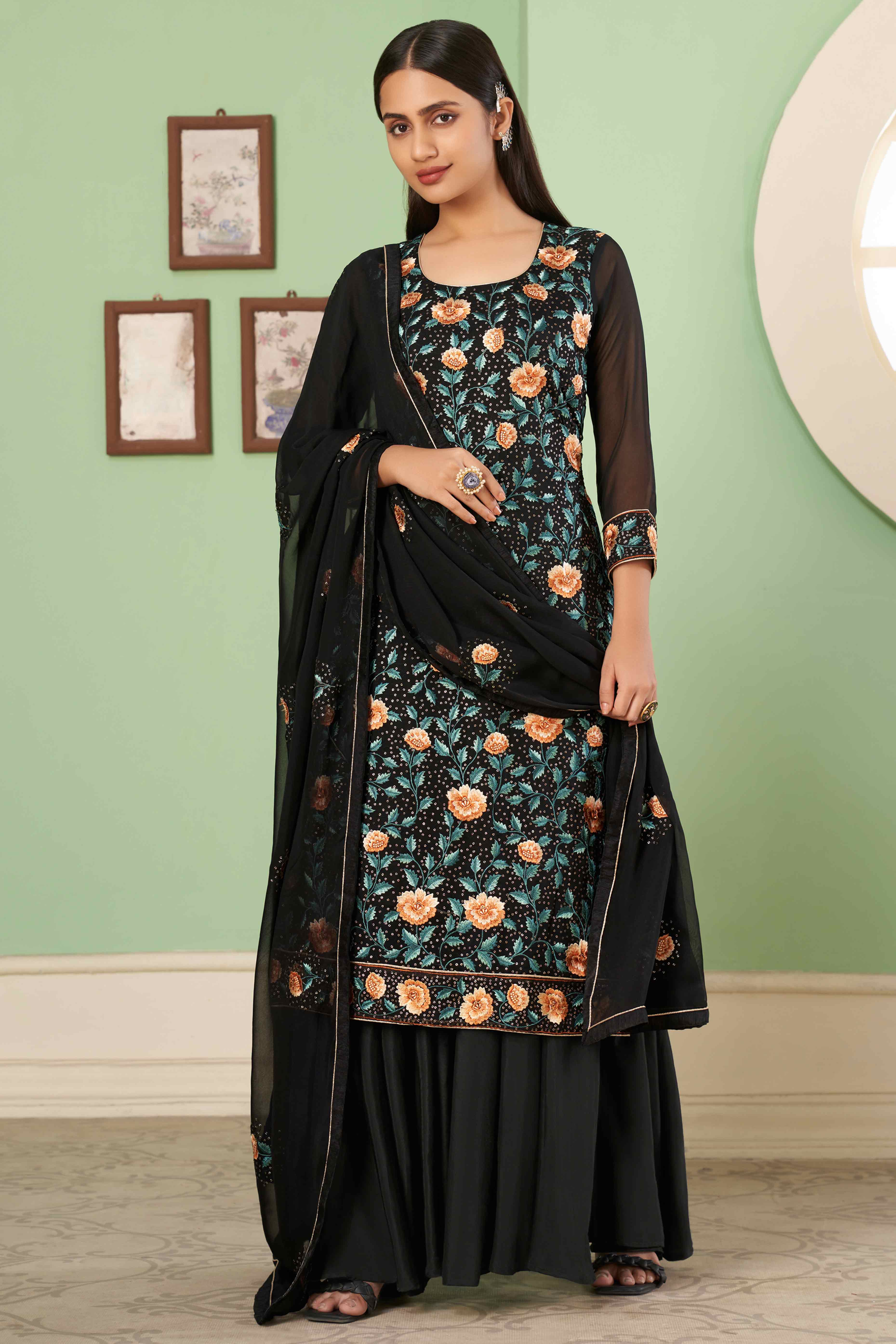 Black Floral Sequins Embroidered Georgette Semi Stitched Suit