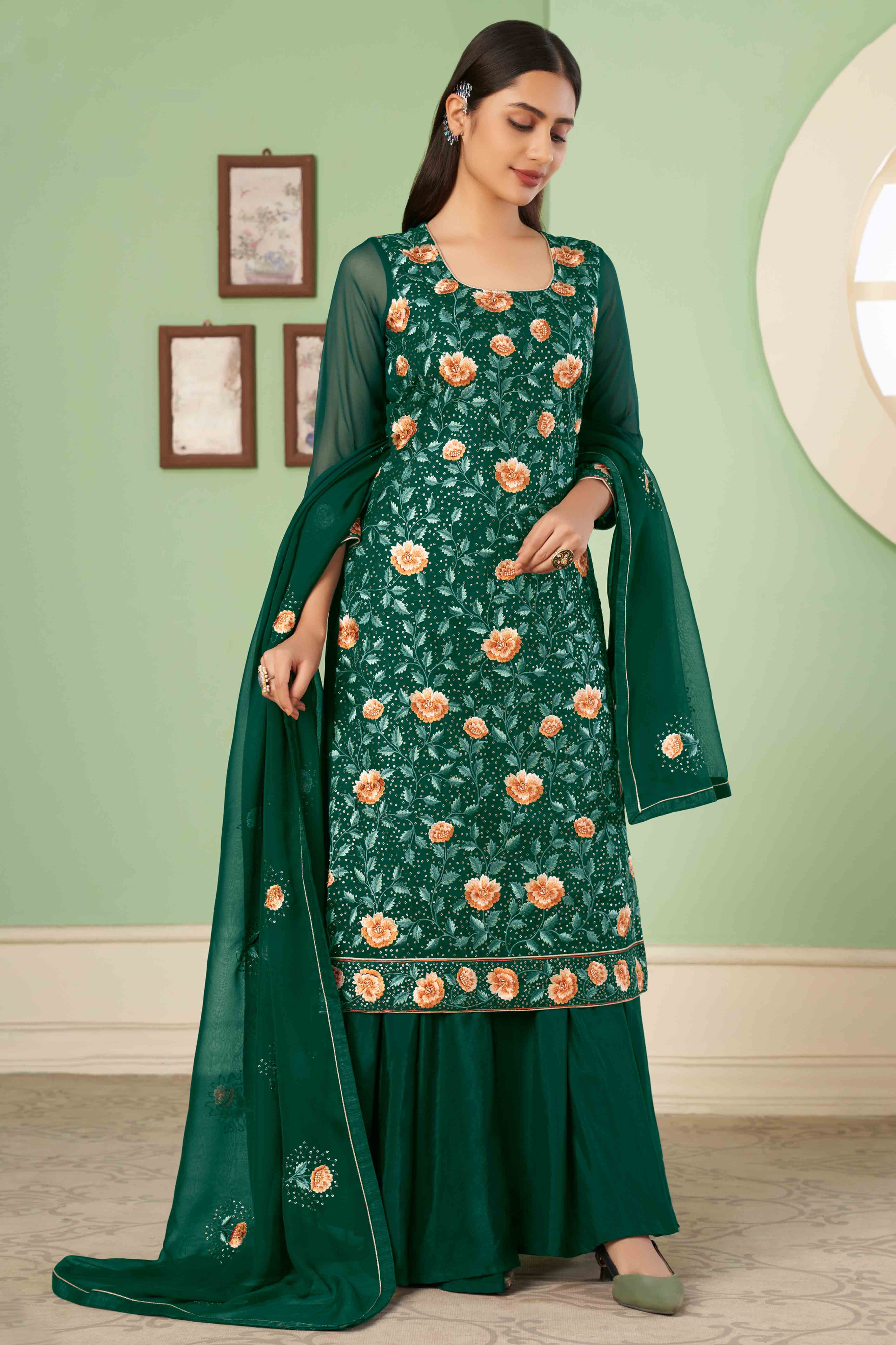 Green Floral Sequins Embroidered Georgette Semi Stitched Suit