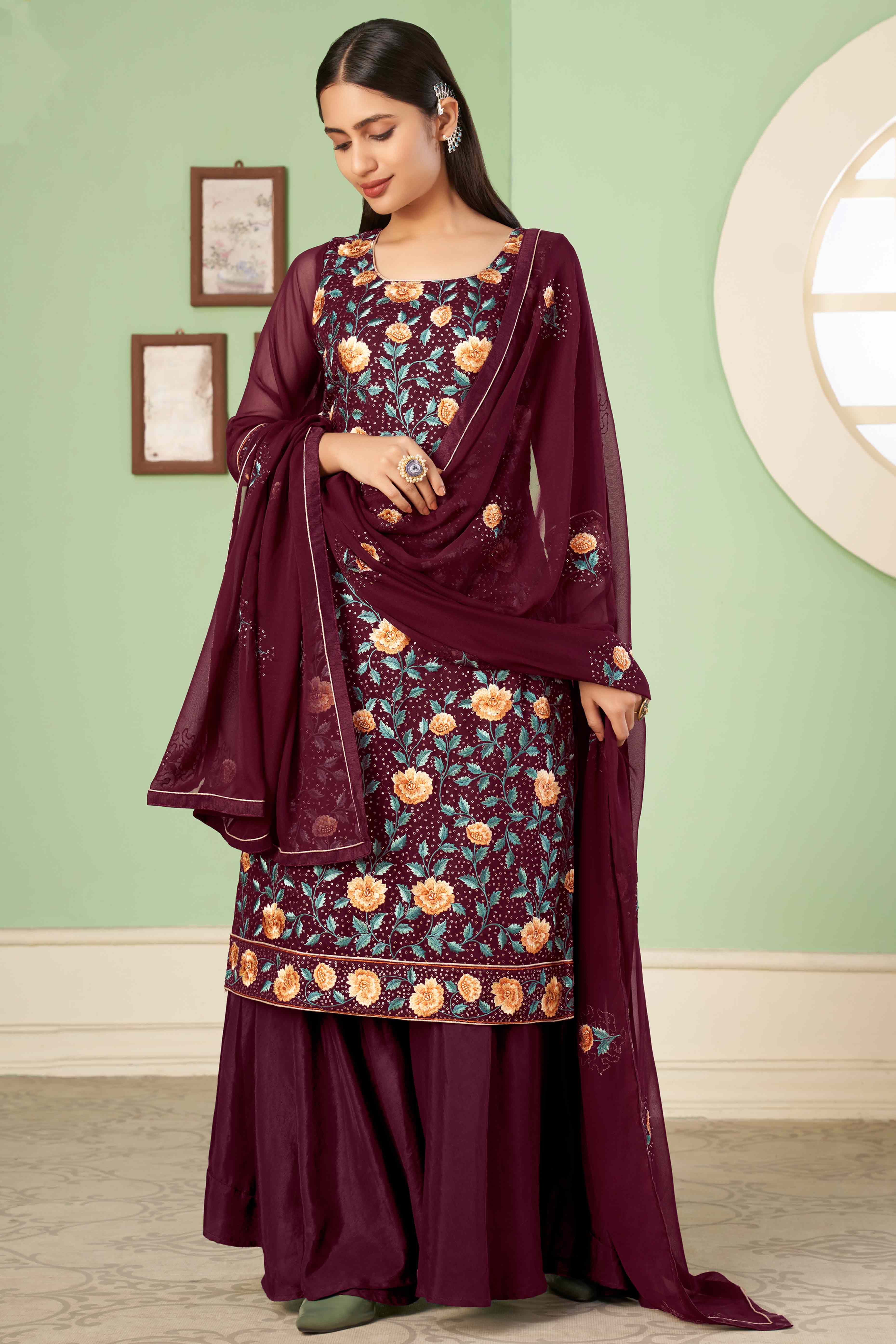 Wine Floral Sequins Embroidered Georgette Semi Stitched Suit