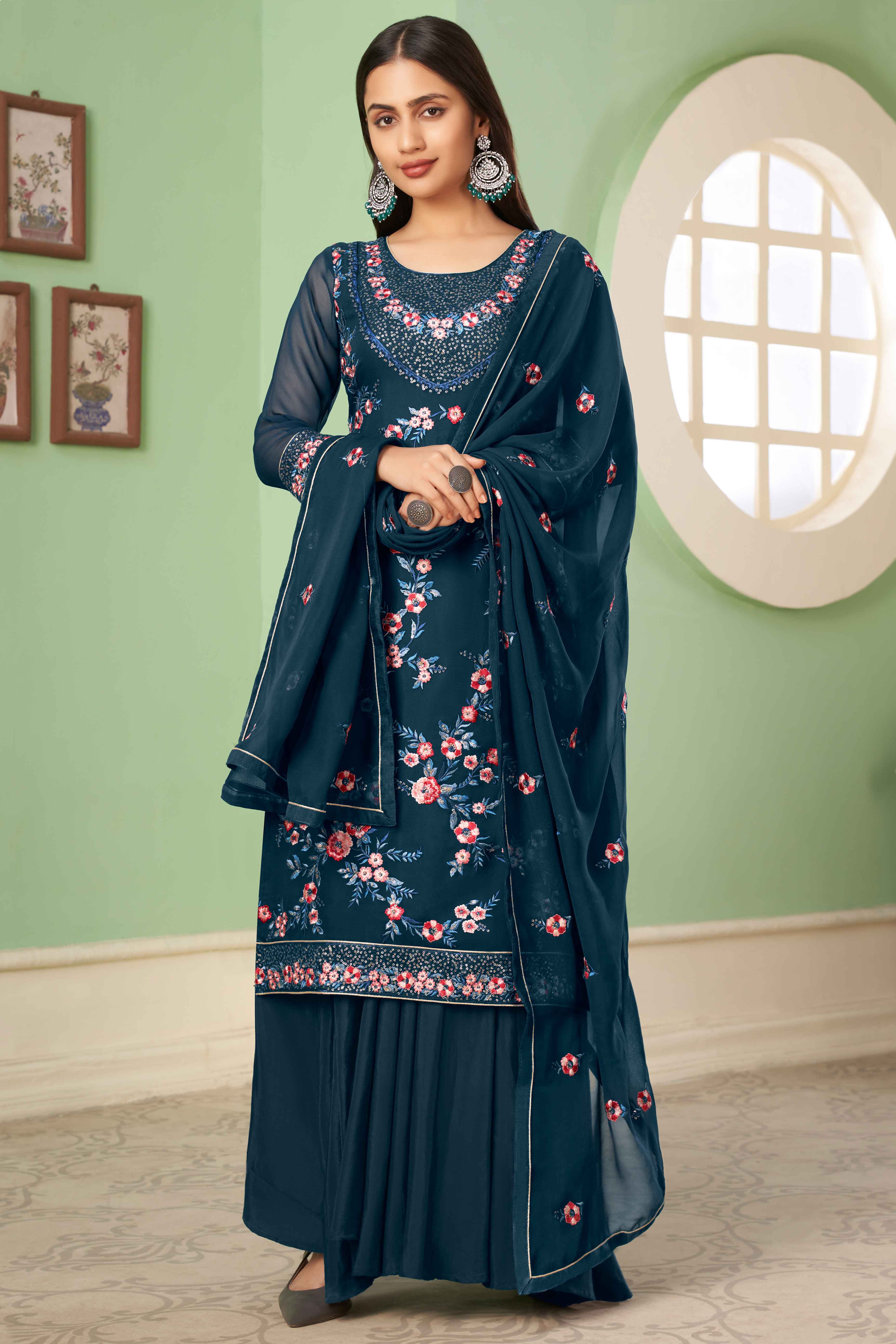 Blue Floral Sequins Embroidered Georgette Semi Stitched Suit