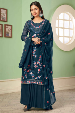 Blue Floral Sequins Embroidered Georgette Semi Stitched Suit