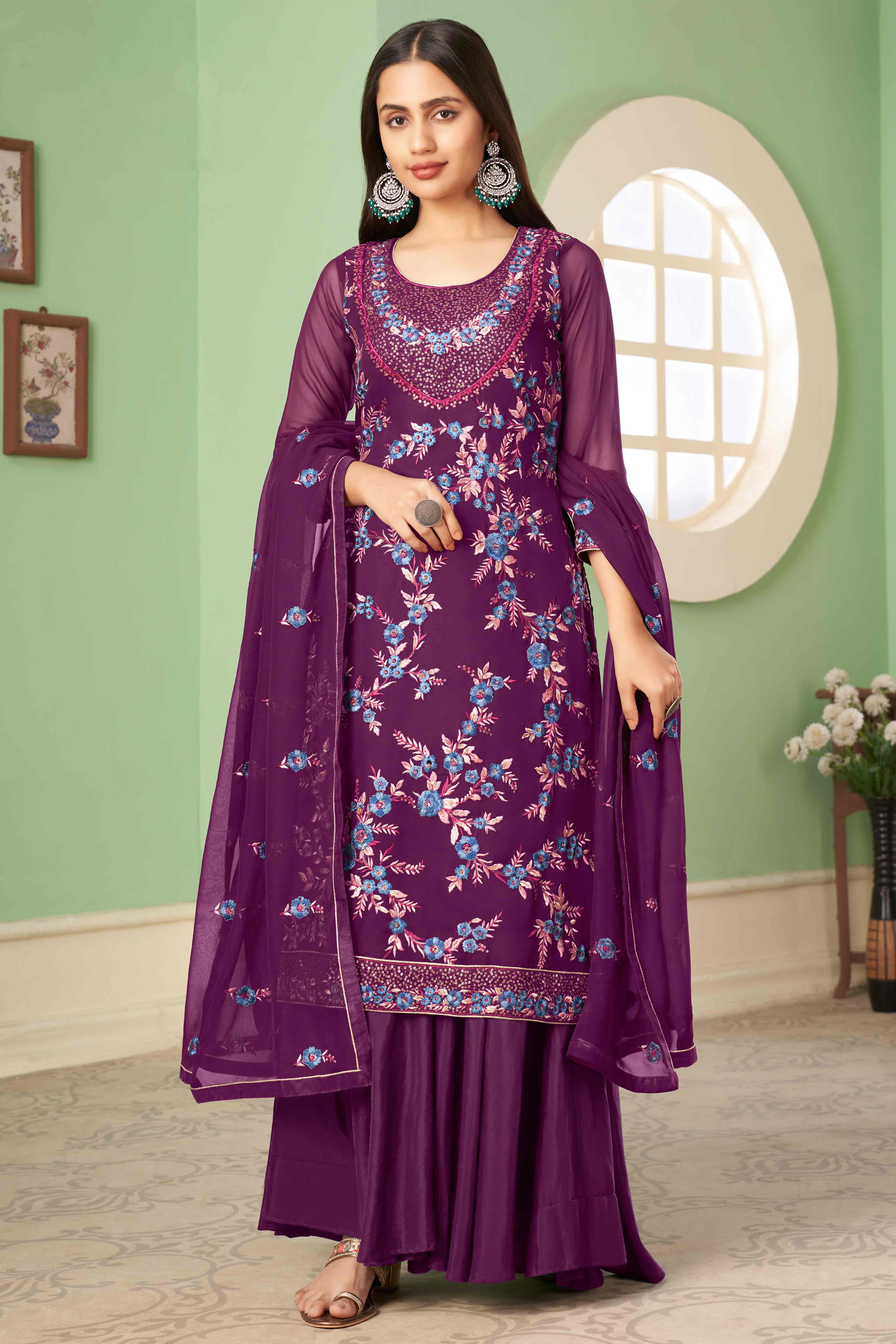 Purple Floral Sequins Embroidered Georgette Semi Stitched Suit