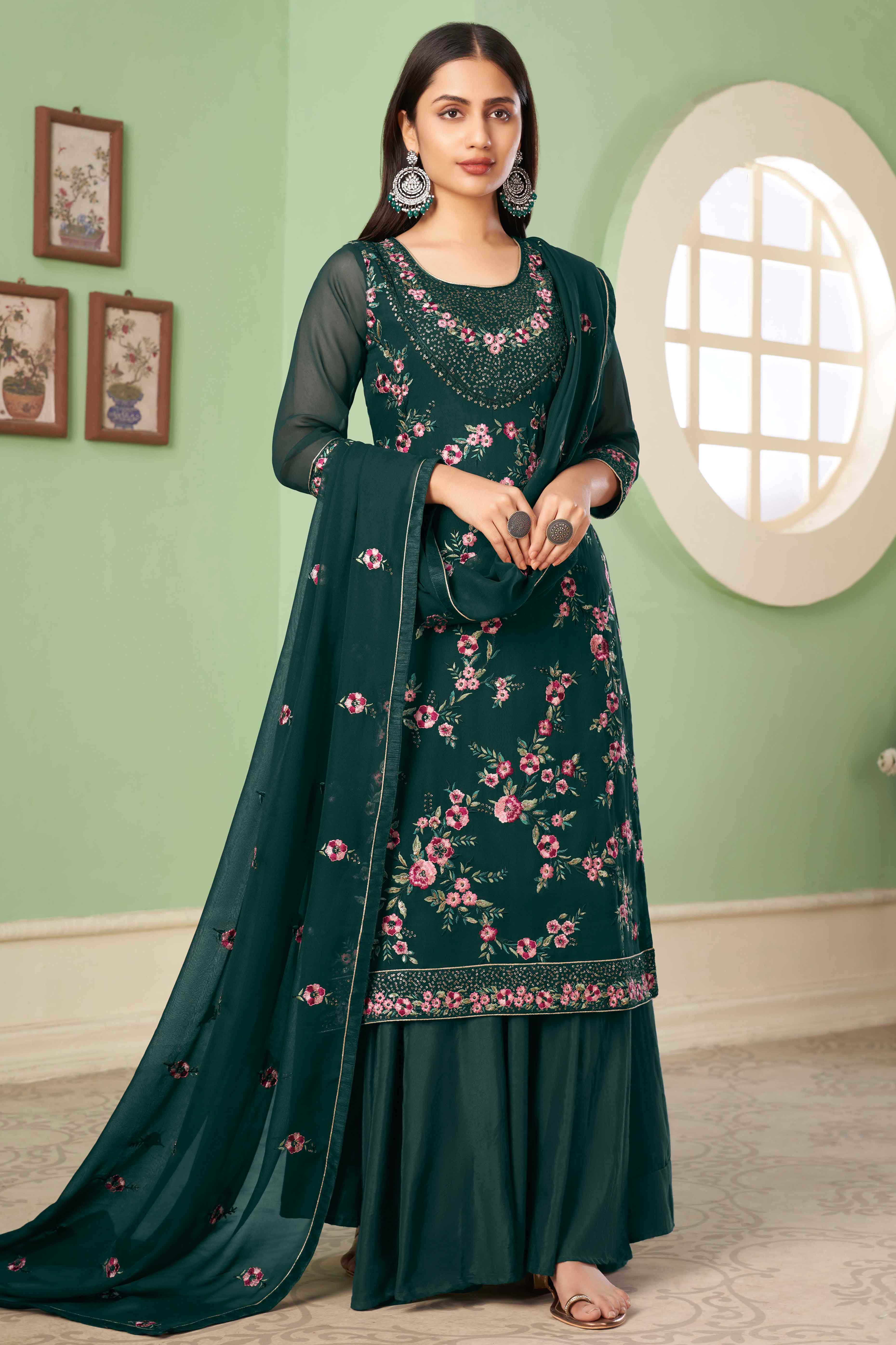 Green Floral Sequins Embroidered Georgette Semi Stitched Suit