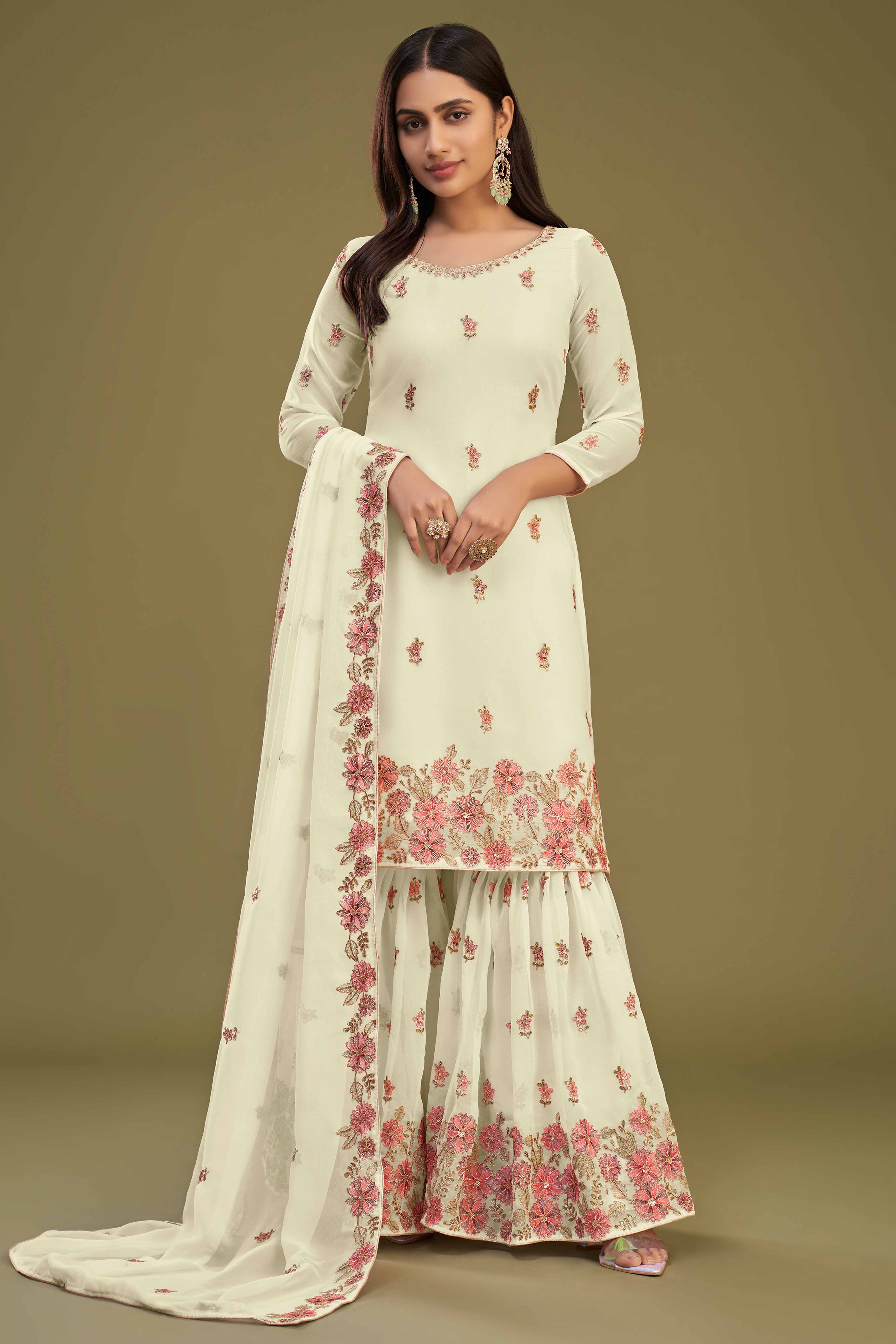Light Yellow Floral Sequins Embroidered Georgette Semi Stitched Sharara Suit