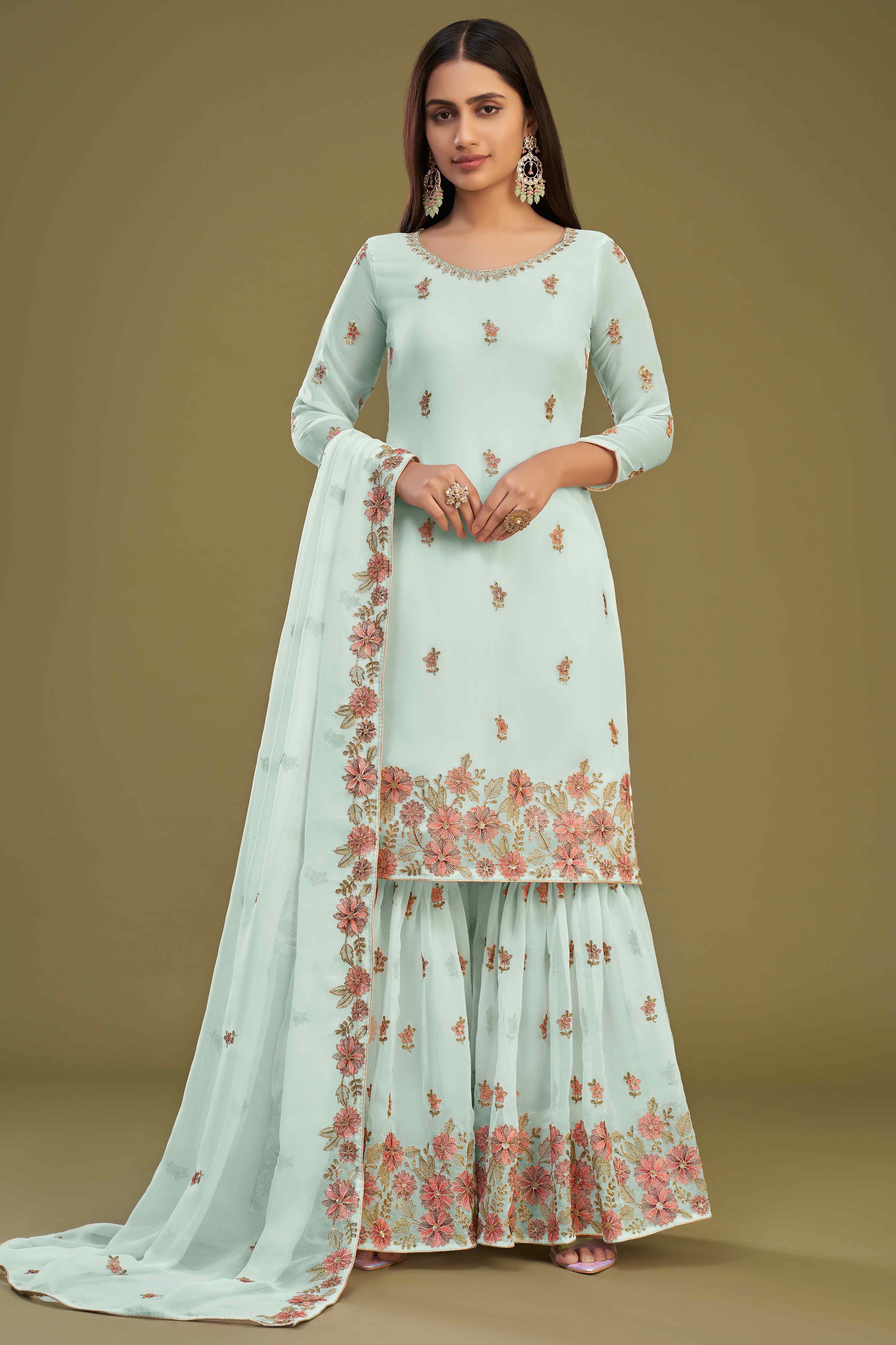 Blue Floral Sequins Embroidered Georgette Semi Stitched Sharara Suit