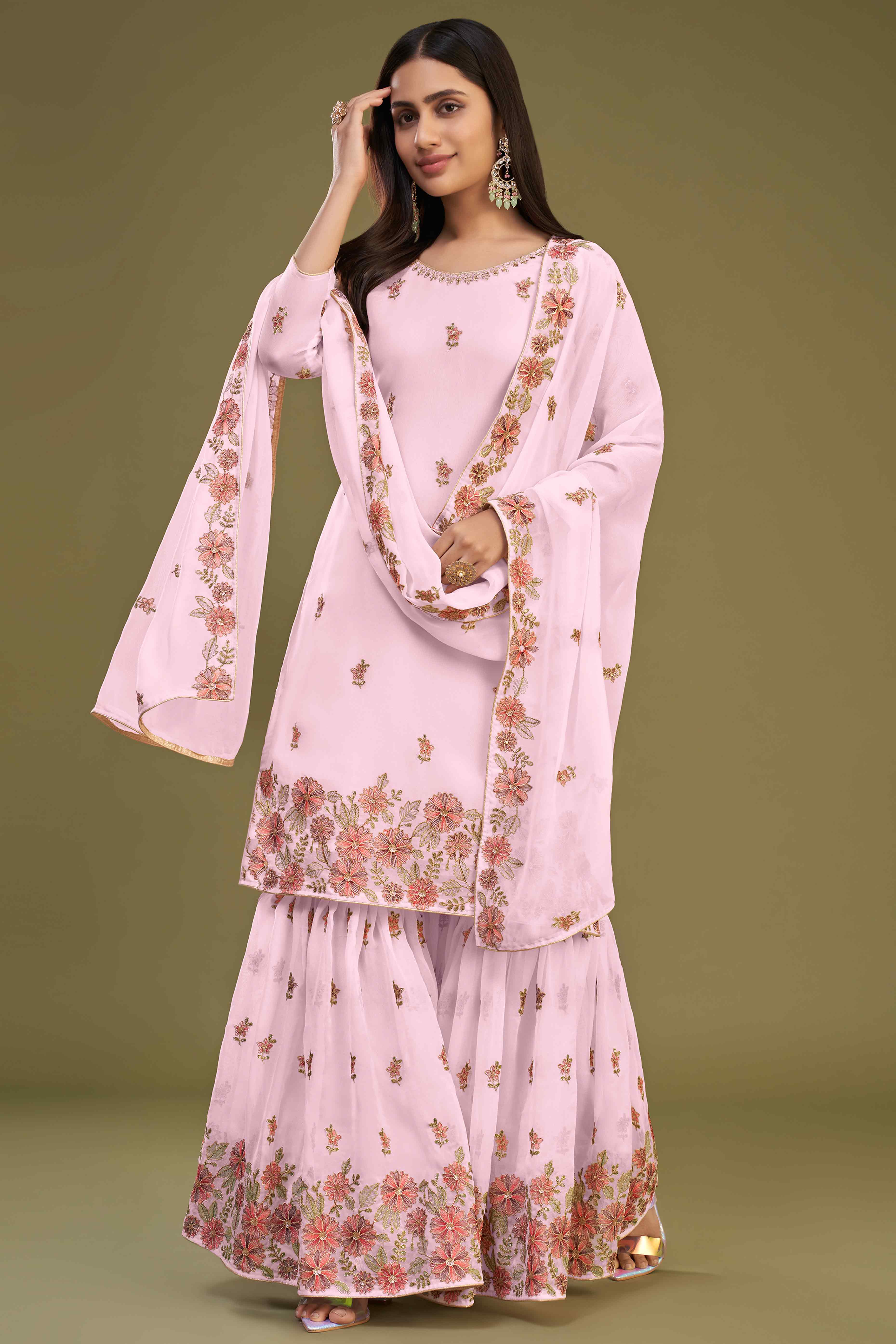 Pink Floral Sequins Embroidered Georgette Semi Stitched Sharara Suit