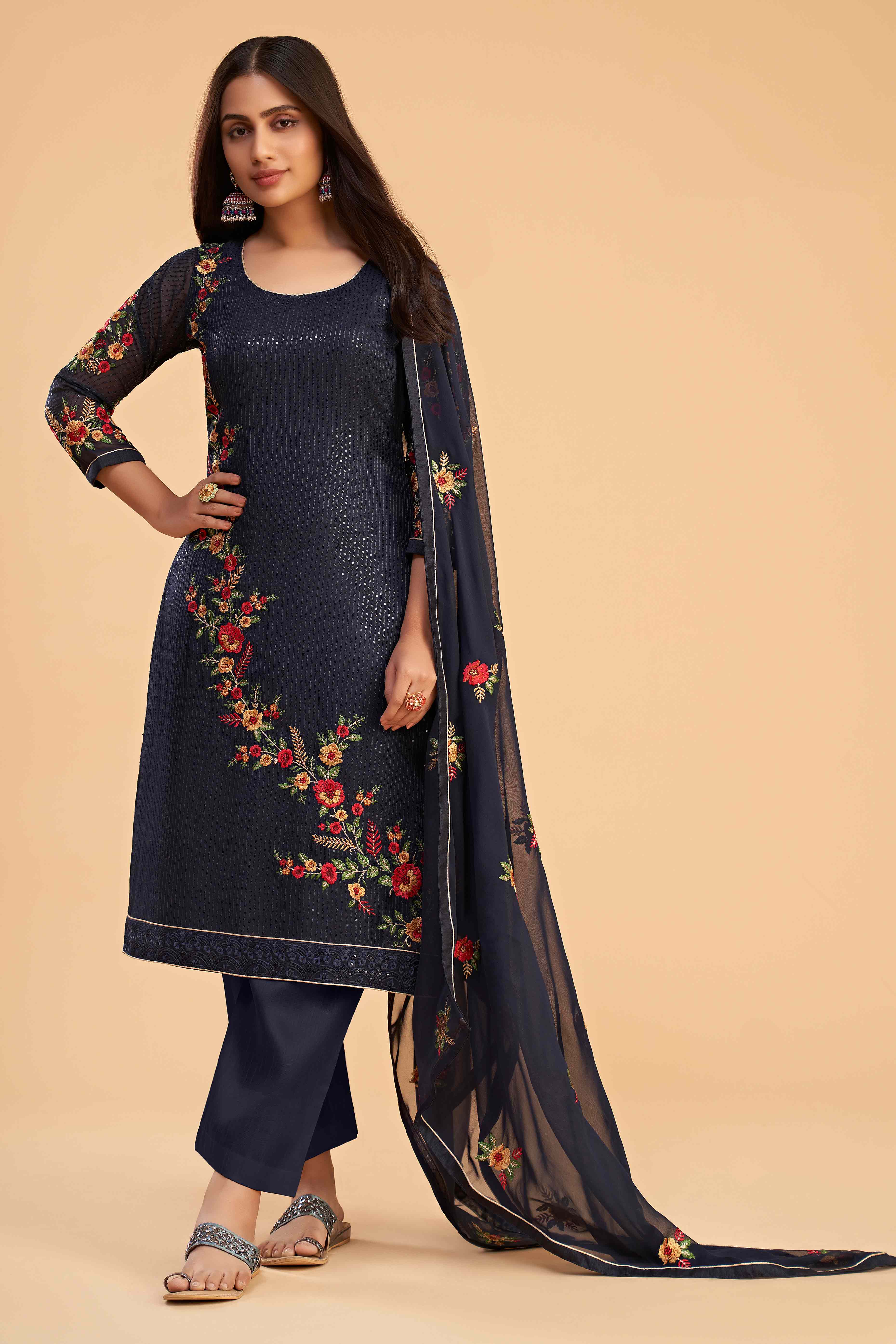 Blue Floral Sequins Embroidered Georgette Semi Stitched Suit
