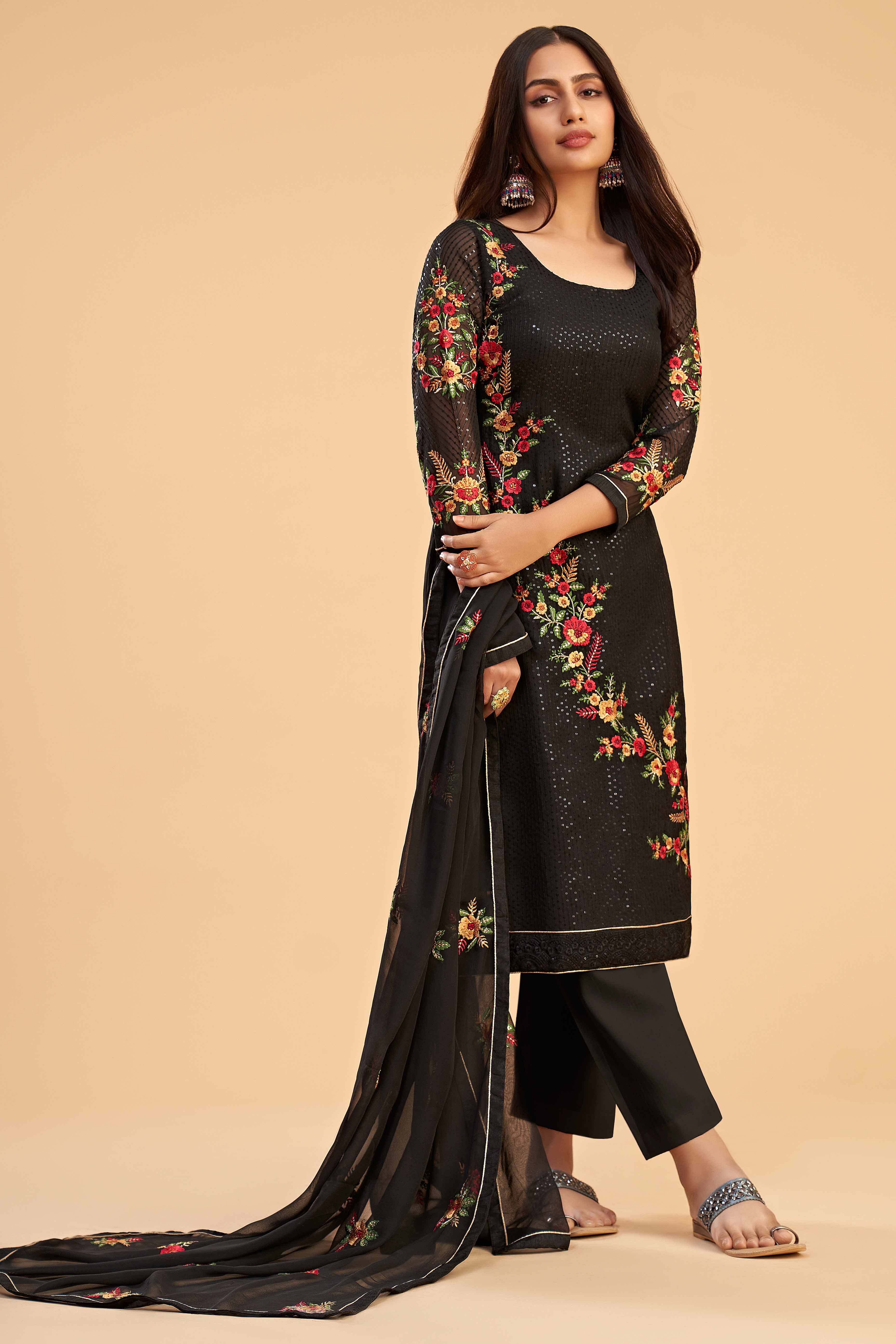 Black Floral Sequins Embroidered Georgette Semi Stitched Suit