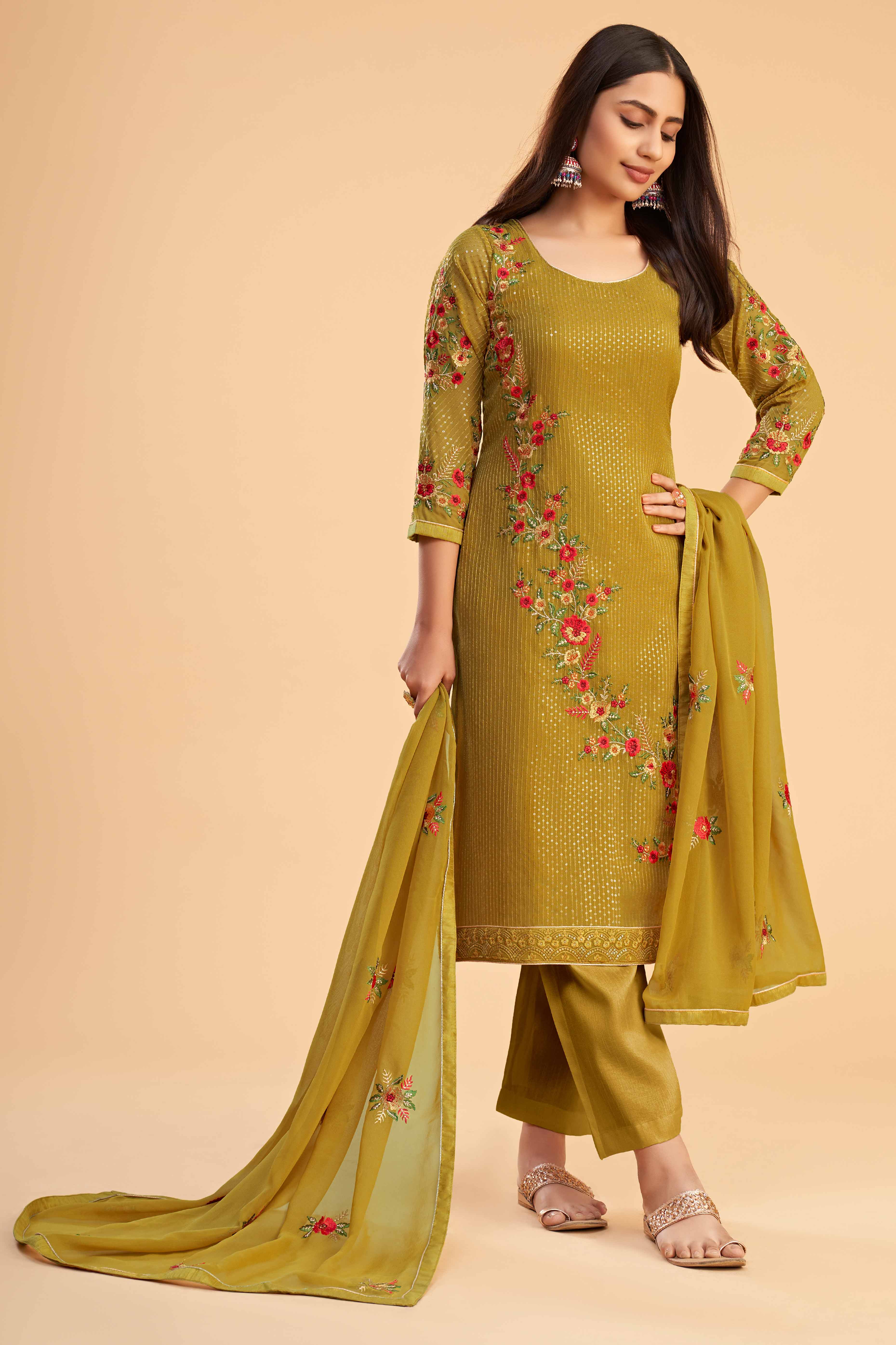 Mustard Floral Sequins Embroidered Georgette Semi Stitched Suit