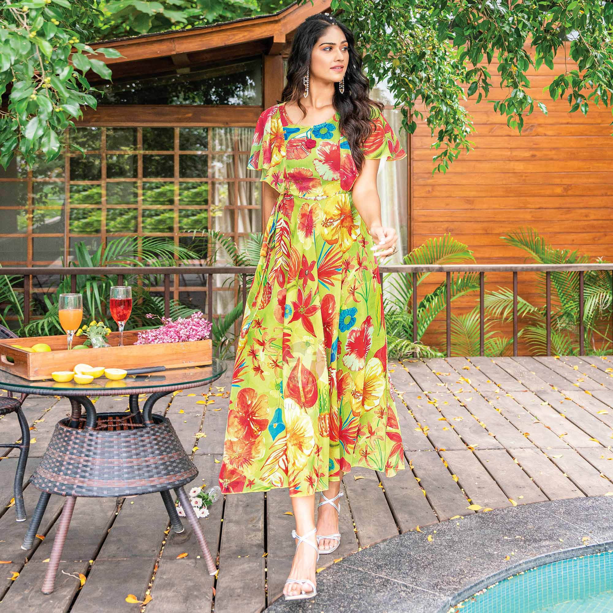 Yellow Digital Floral Printed Chiffon Dress