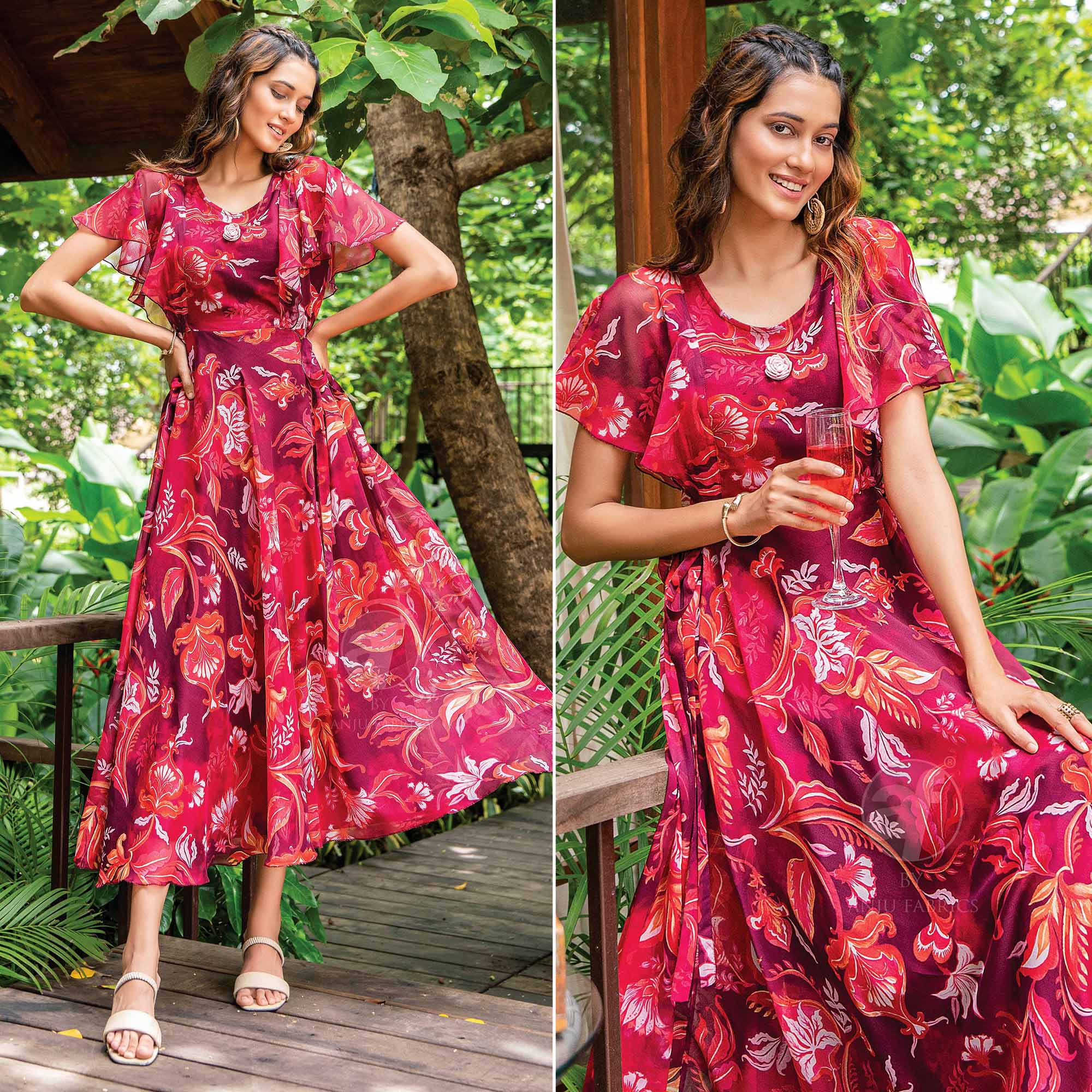 Red Digital Floral Printed Chiffon Dress