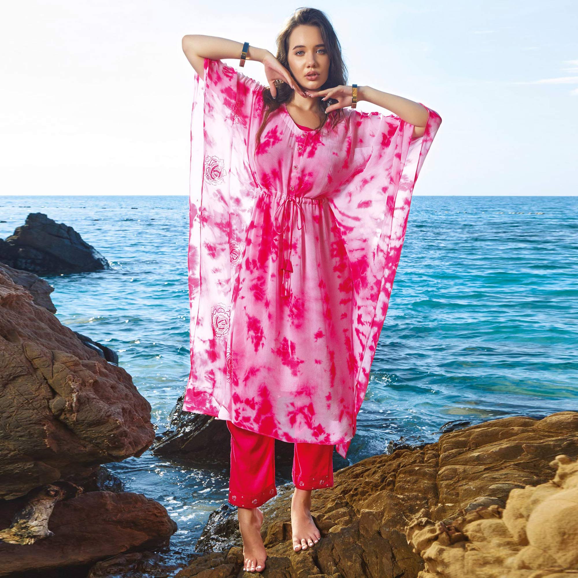 Pink Printed With Handwor Georgette Kaftan Set